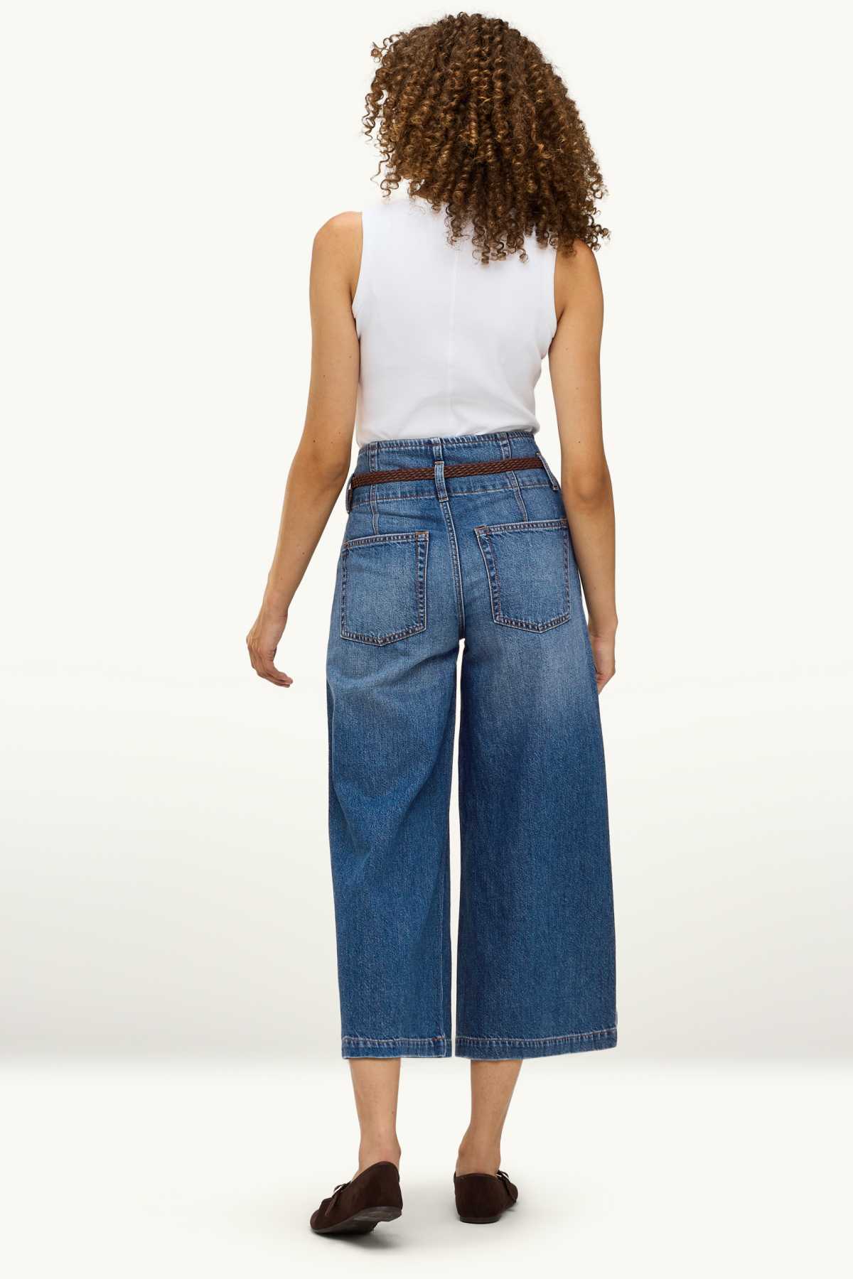 Culotte jeans with belt - high waist - wide leg - blue denim
