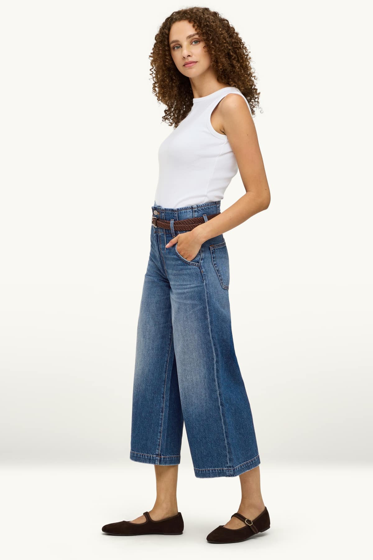 Culotte jeans with belt - high waist - wide leg - blue denim