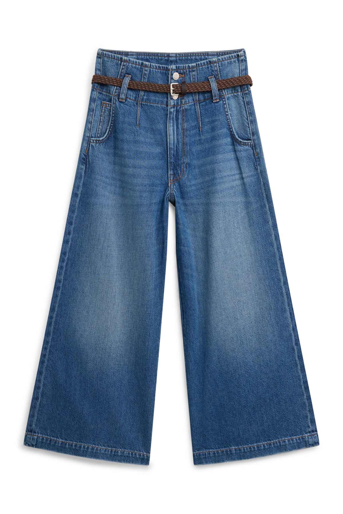Culotte jeans with belt - high waist - wide leg - blue denim