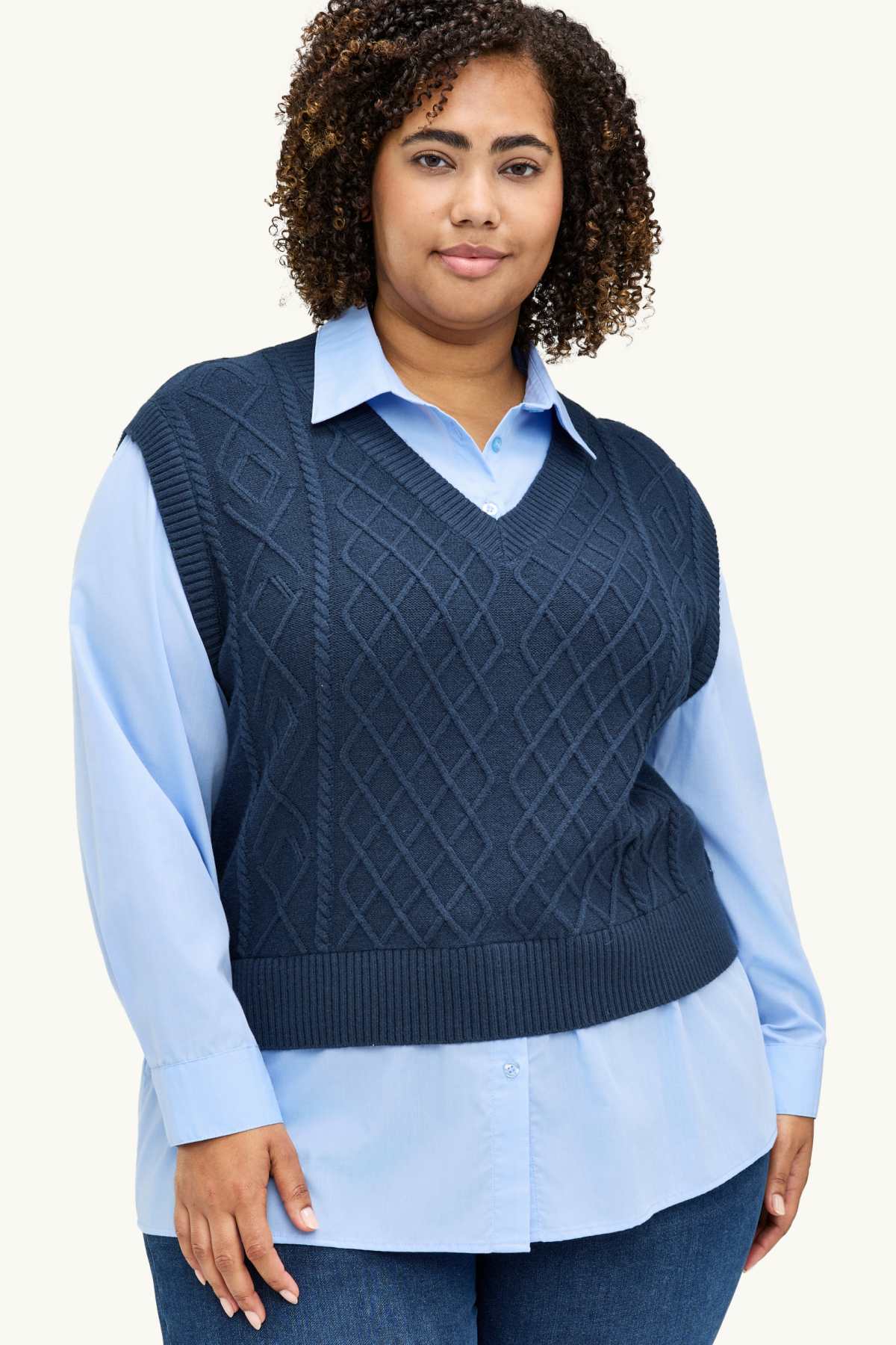 Slipover - 2-in-1 look - cable knit pattern - dark blue