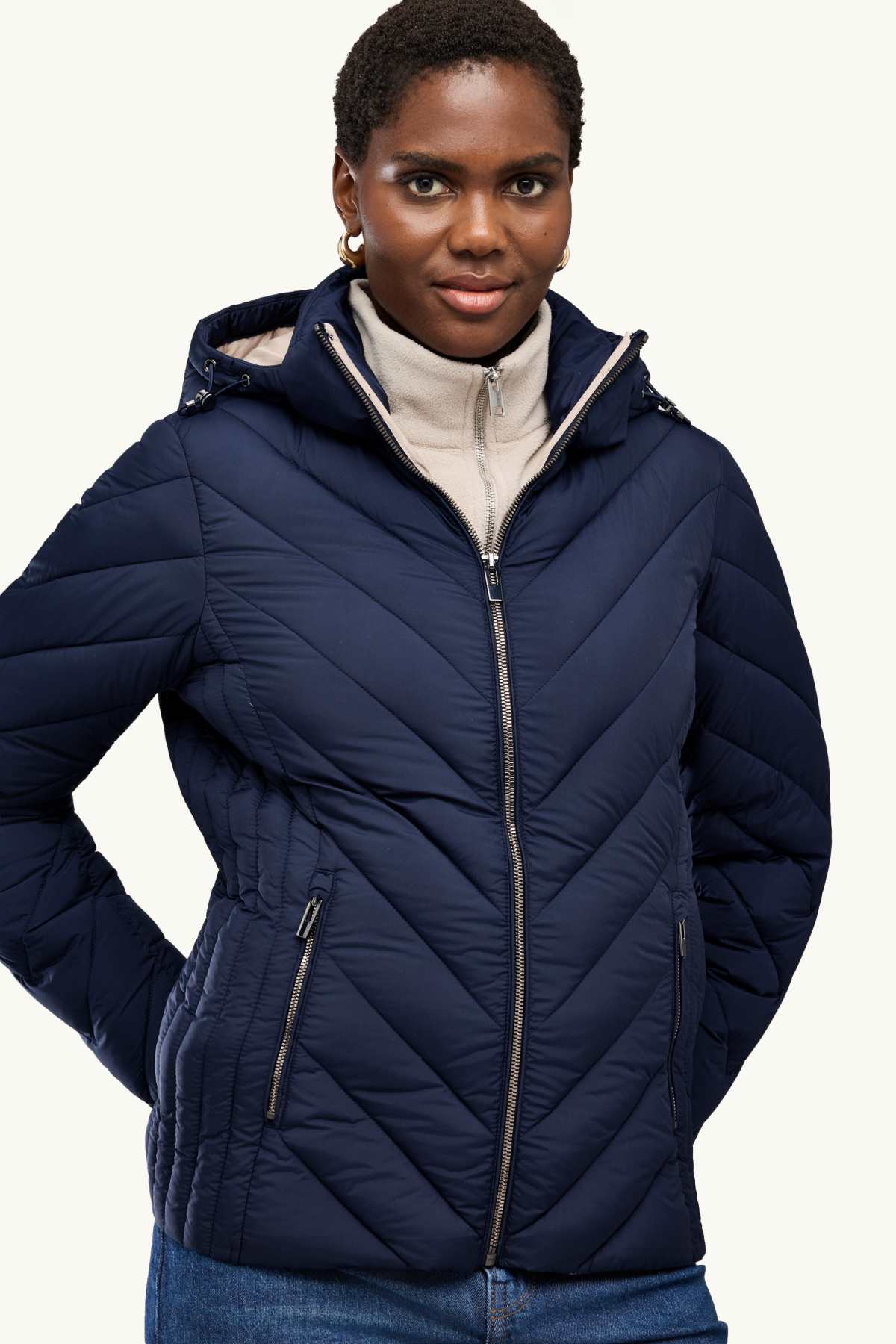 Quilted jacket with hood - lined - dark blue