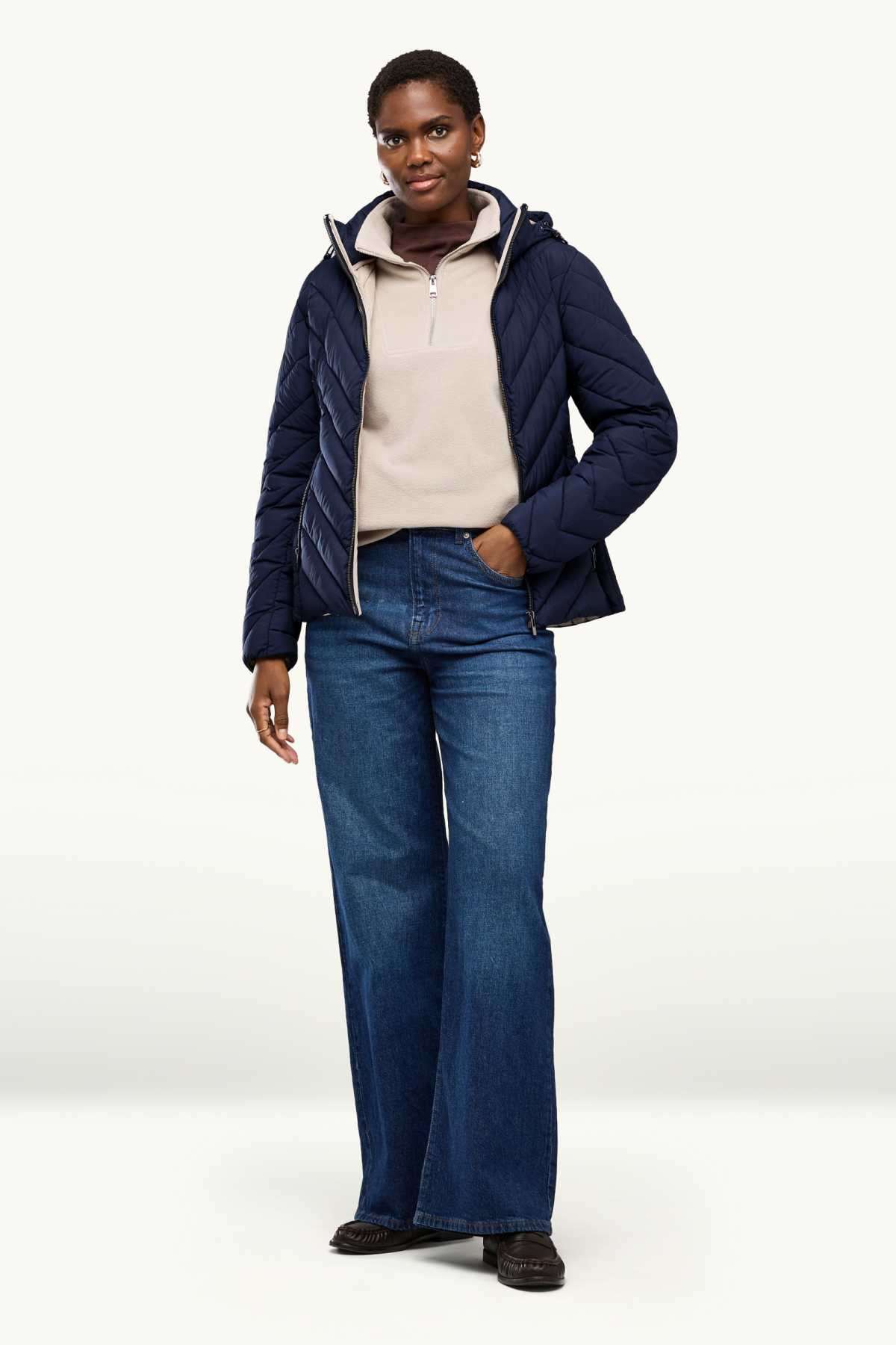 Quilted jacket with hood - lined - dark blue