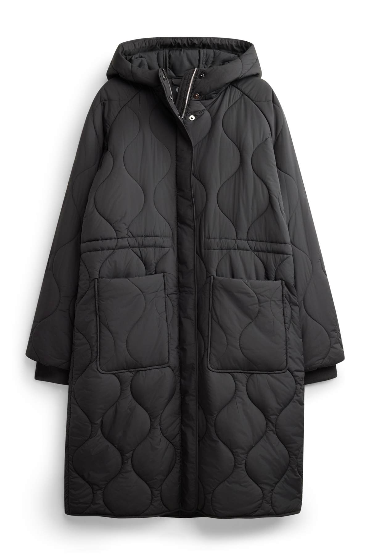 Quilted coat with hood - lined - black