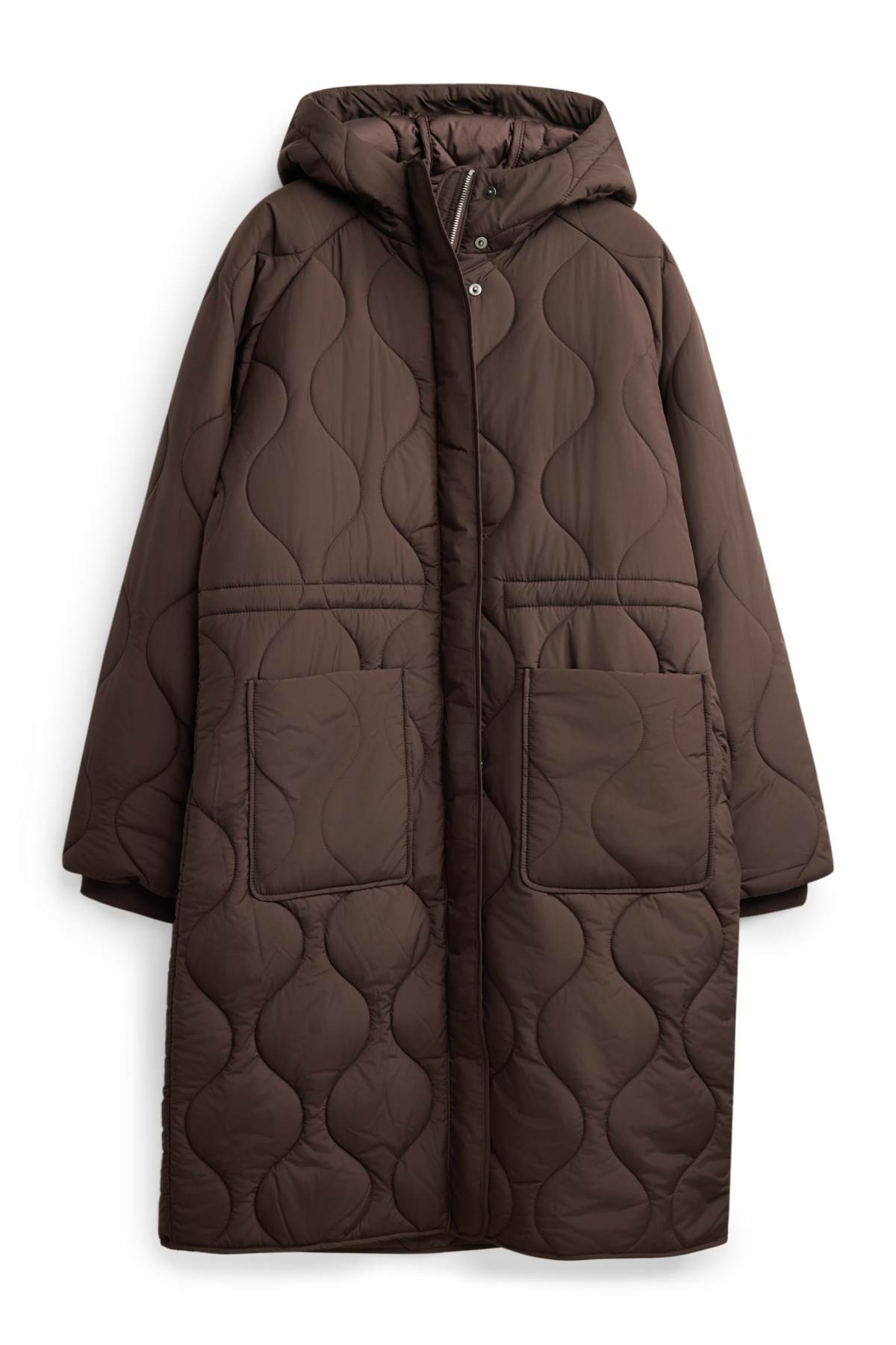 Quilted coat with hood - lined - brown