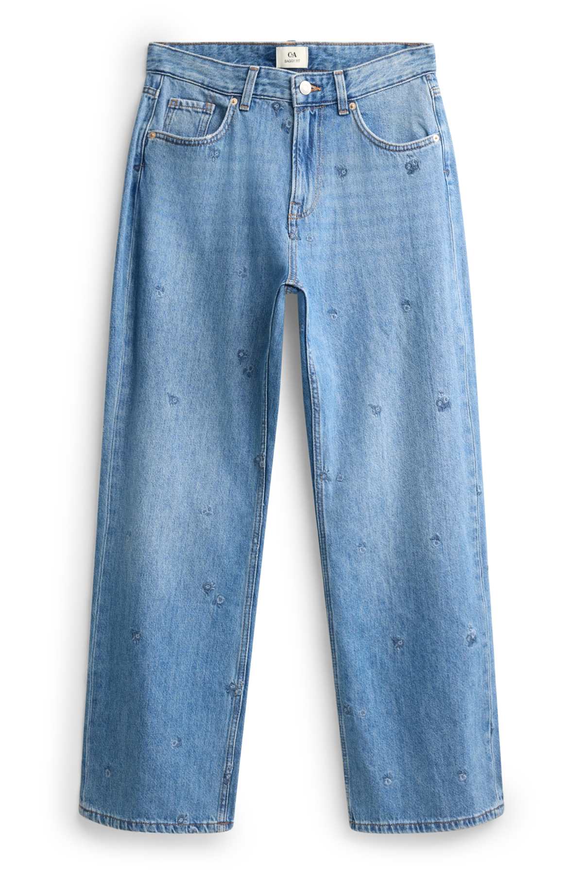 Baggy jeans - mid-rise waist - floral - blue denim