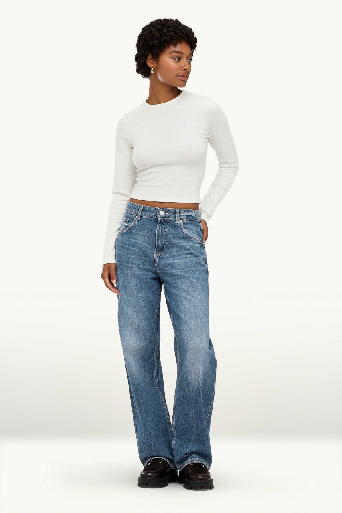 Baggy jeans - mid-rise waist - blue denim
