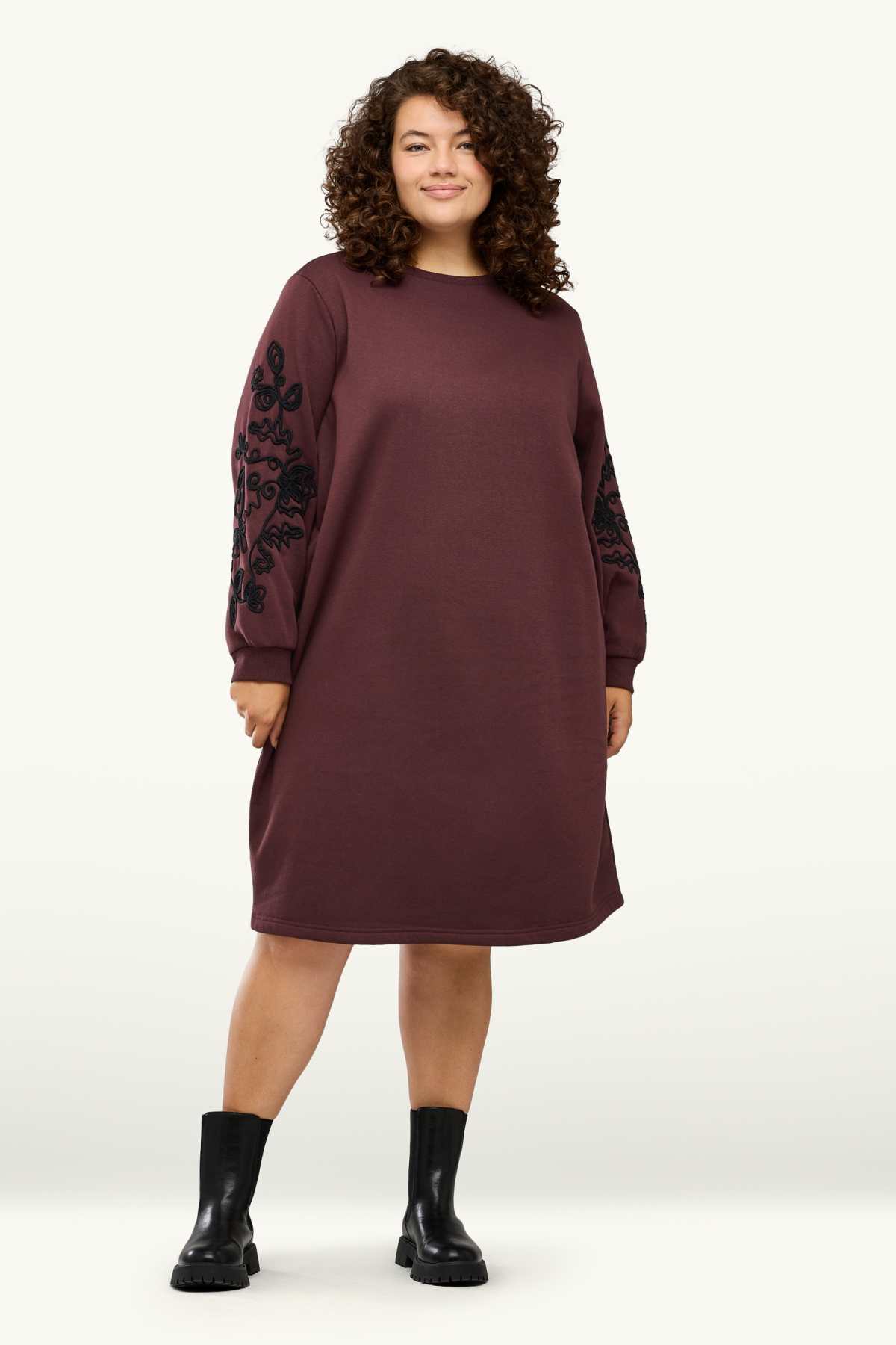 Sweatshirt dress - straight fit - embroidered - brown