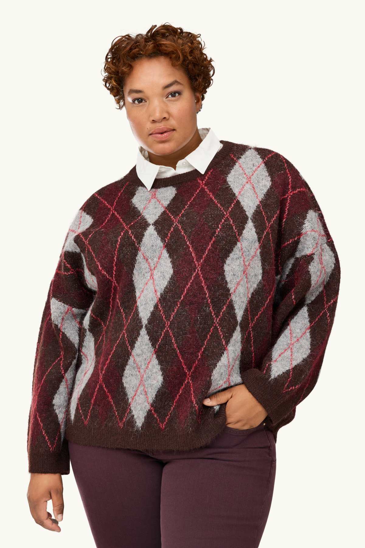 Set - jumper and blouse collar - 2 piece - check - brown