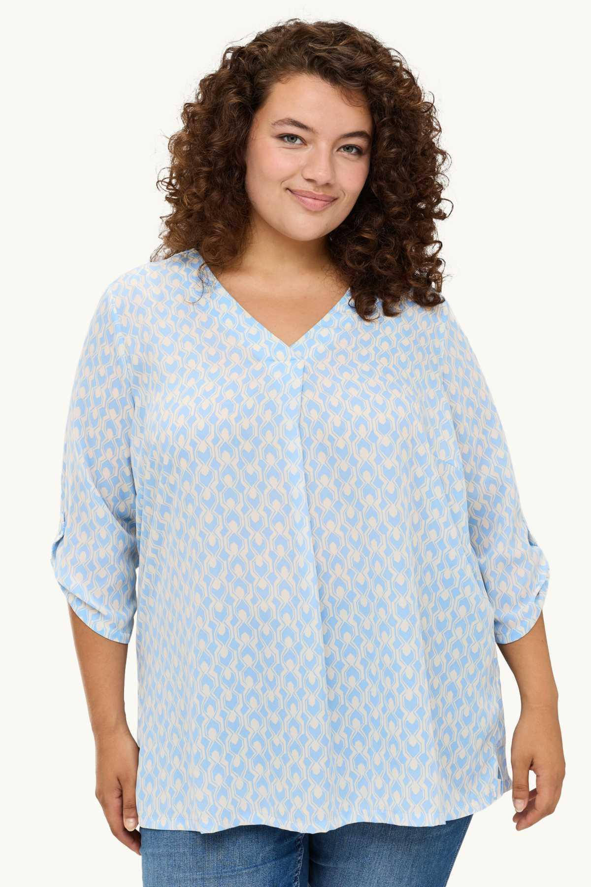 V-neck blouse - patterned - white / light blue