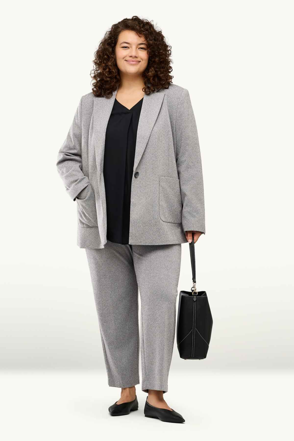 Cloth trousers - high waist - tapered fit - textured - gray-melange
