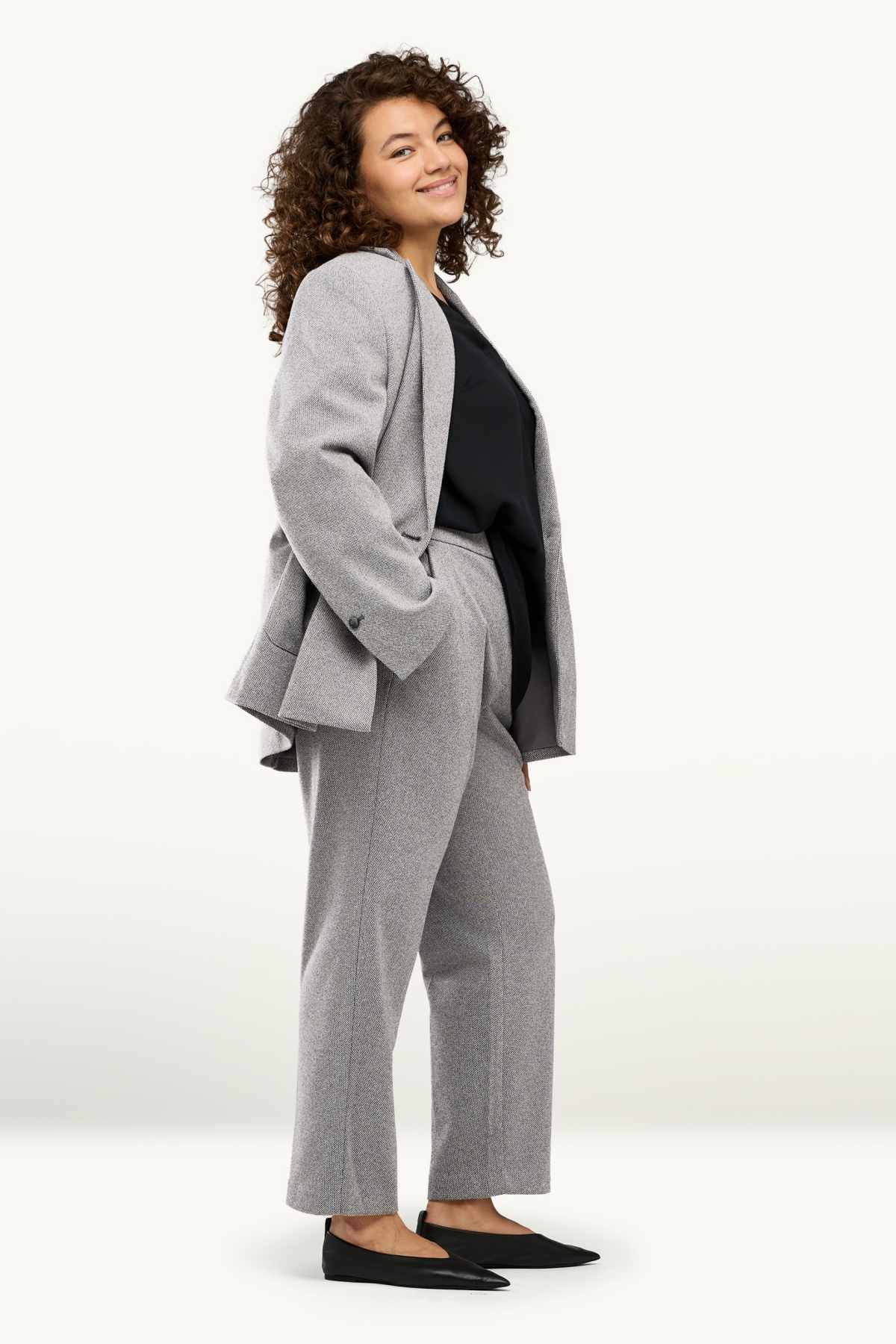 Cloth trousers - high waist - tapered fit - textured - gray-melange
