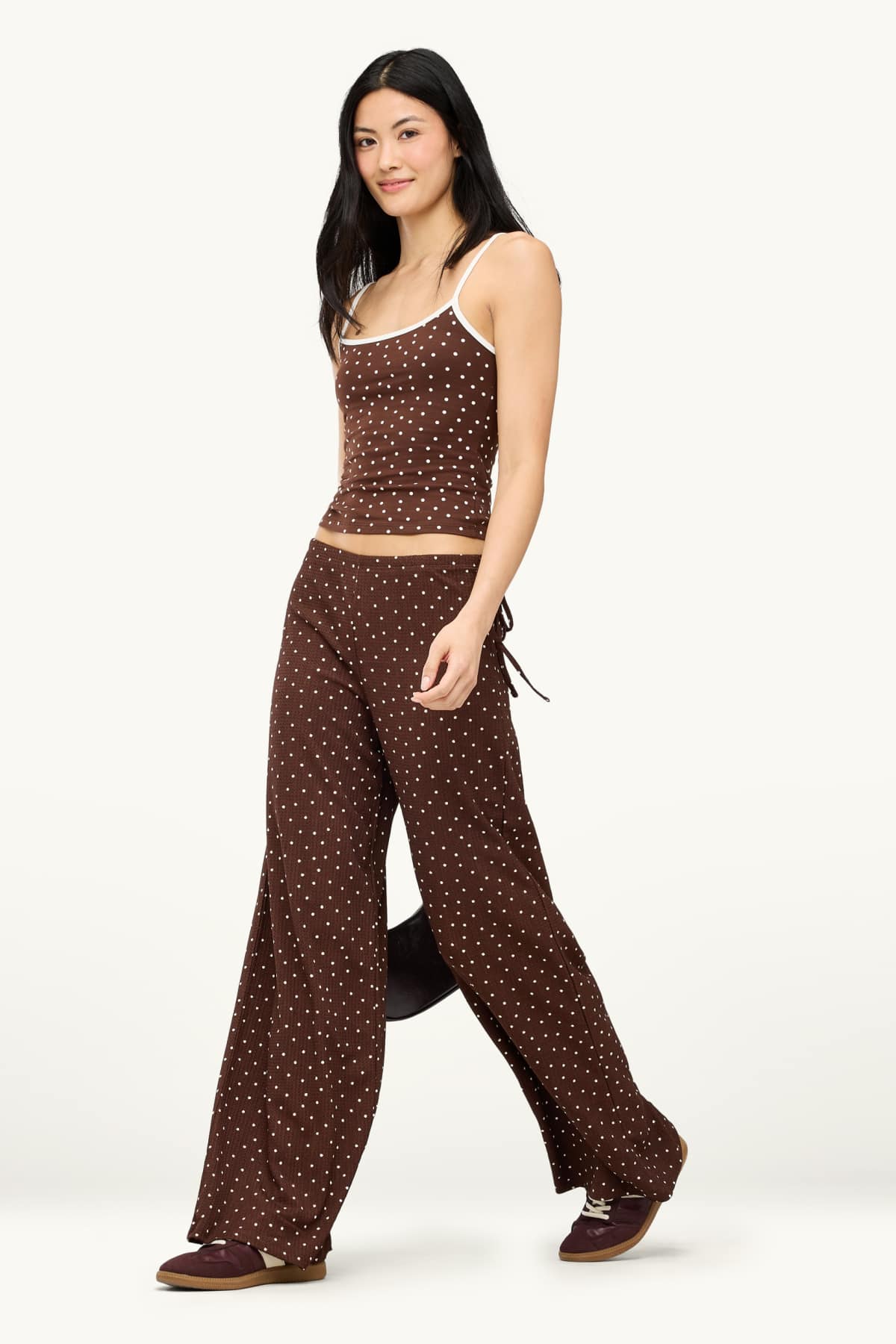 Trousers - mid-rise waist - palazzo - polka dot - brown / cremewhite