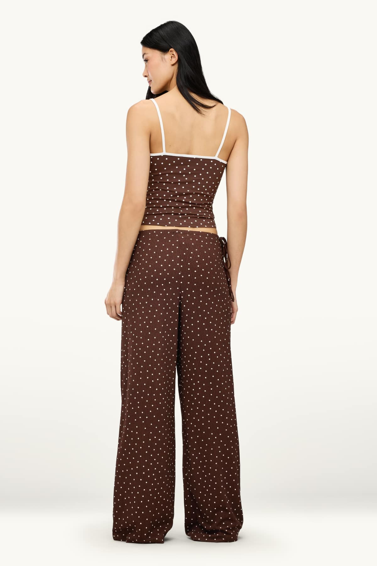 Trousers - mid-rise waist - palazzo - polka dot - brown / cremewhite