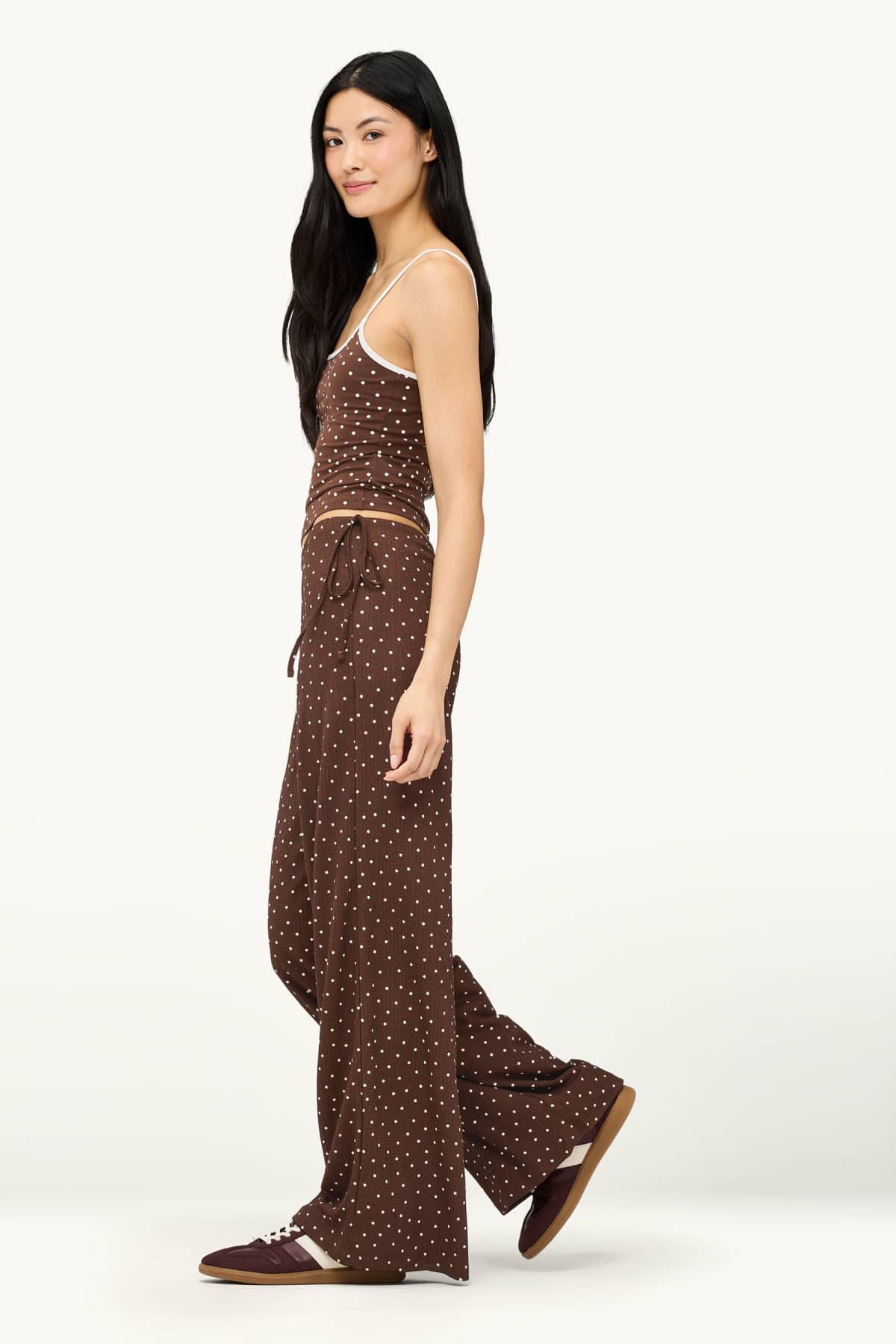 Trousers - mid-rise waist - palazzo - polka dot - brown / cremewhite