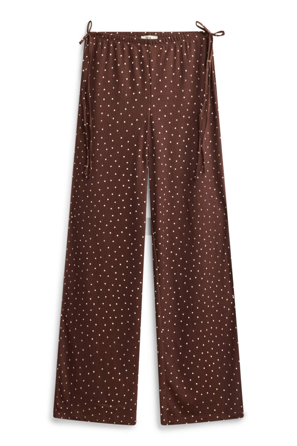Trousers - mid-rise waist - palazzo - polka dot - brown / cremewhite