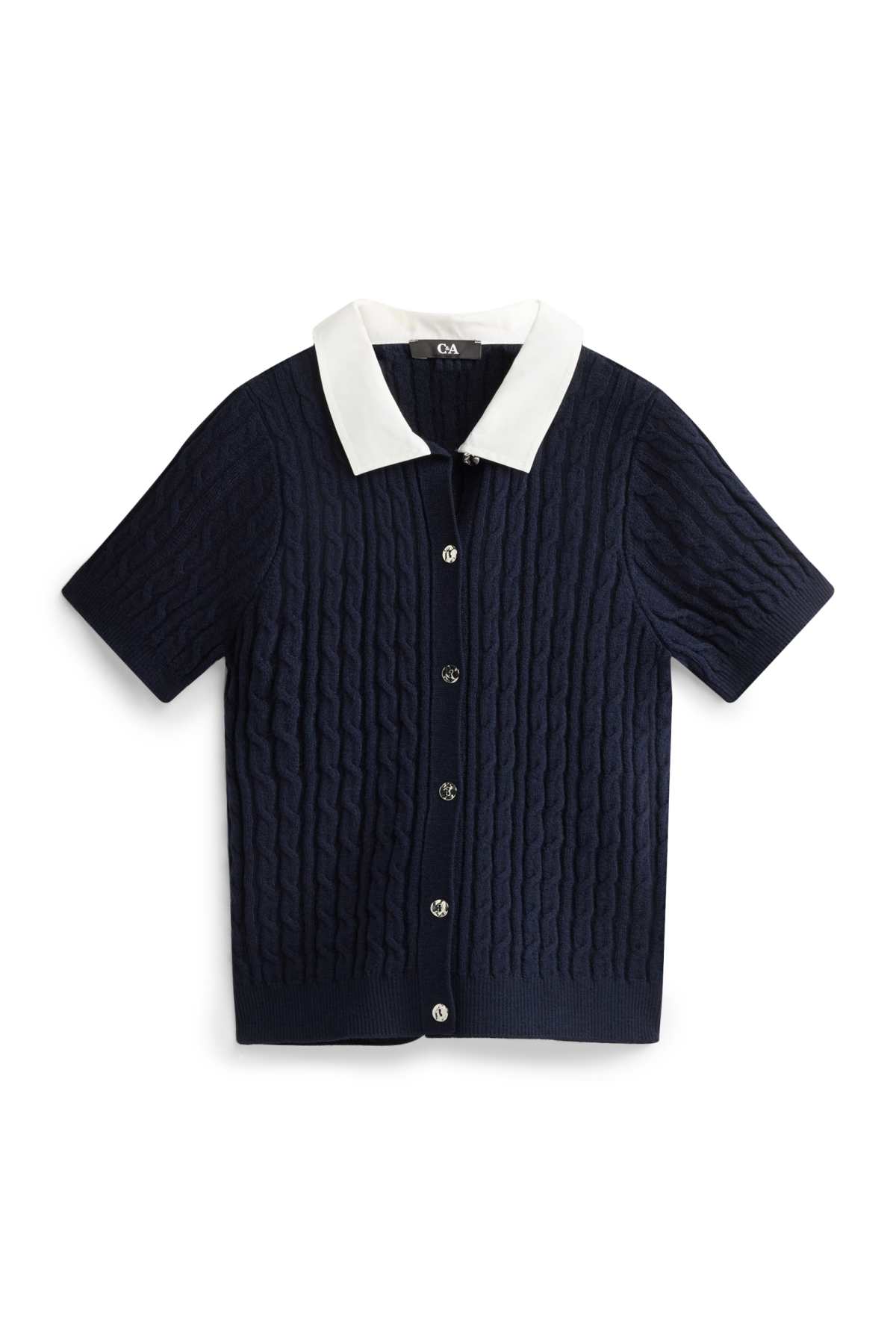 Cardigan - cable knit pattern - dark blue / white