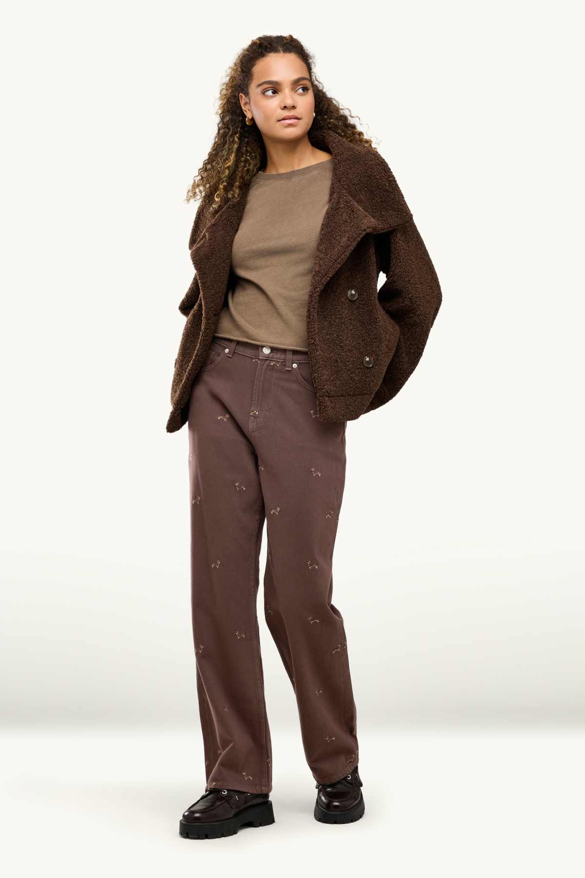 Baggy jeans - mid-rise waist - embroidered - brown