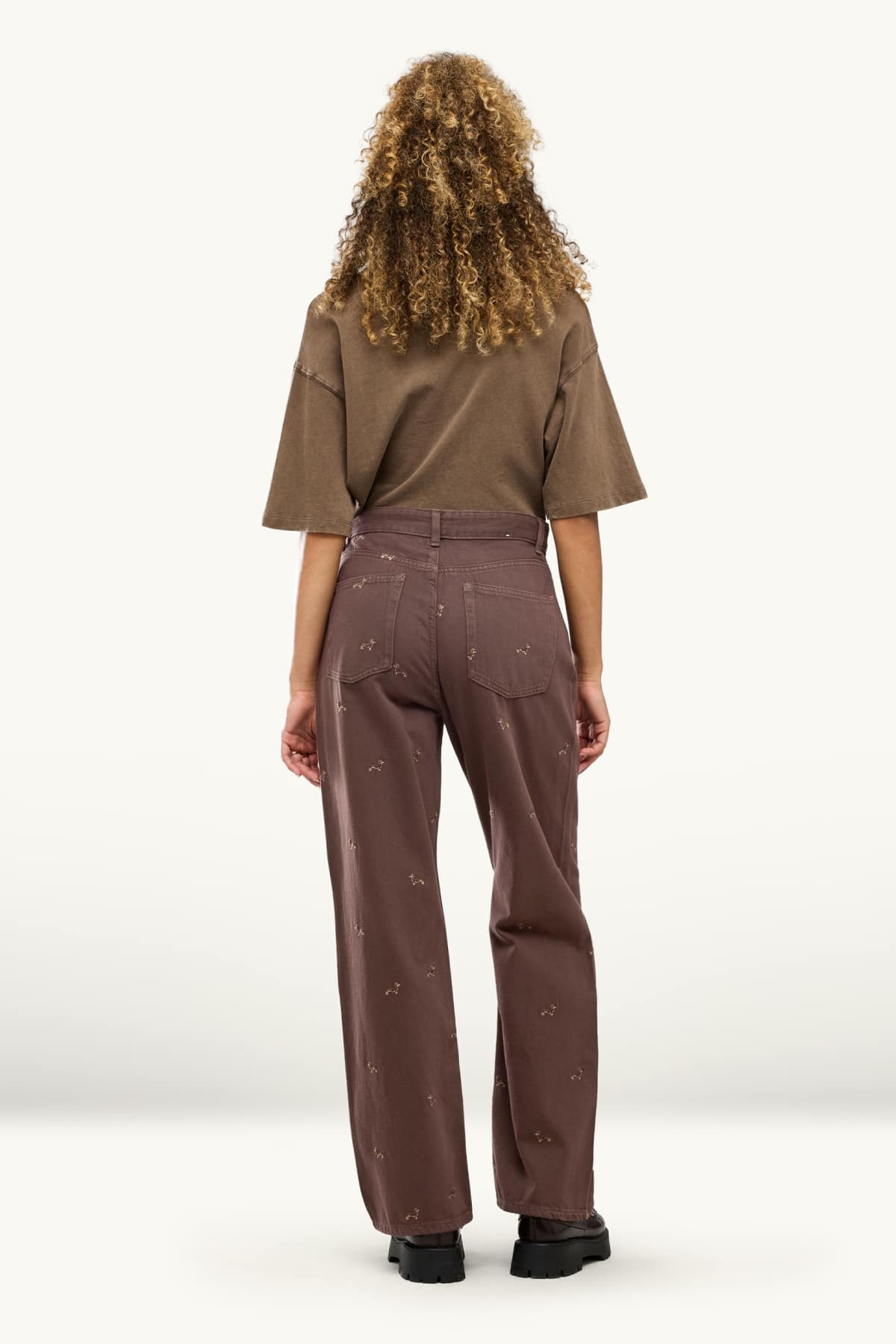 Baggy jeans - mid-rise waist - embroidered - brown