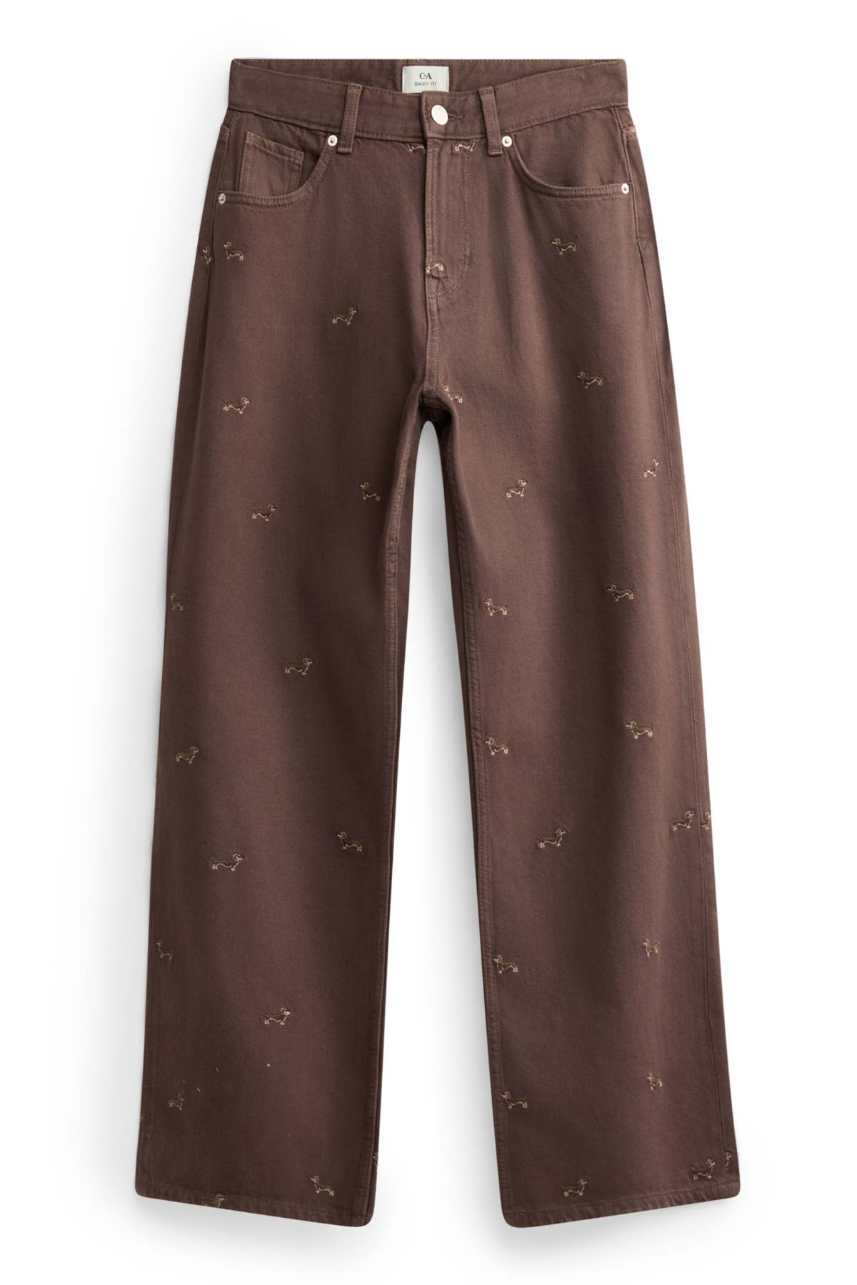 Baggy jeans - mid-rise waist - embroidered - brown