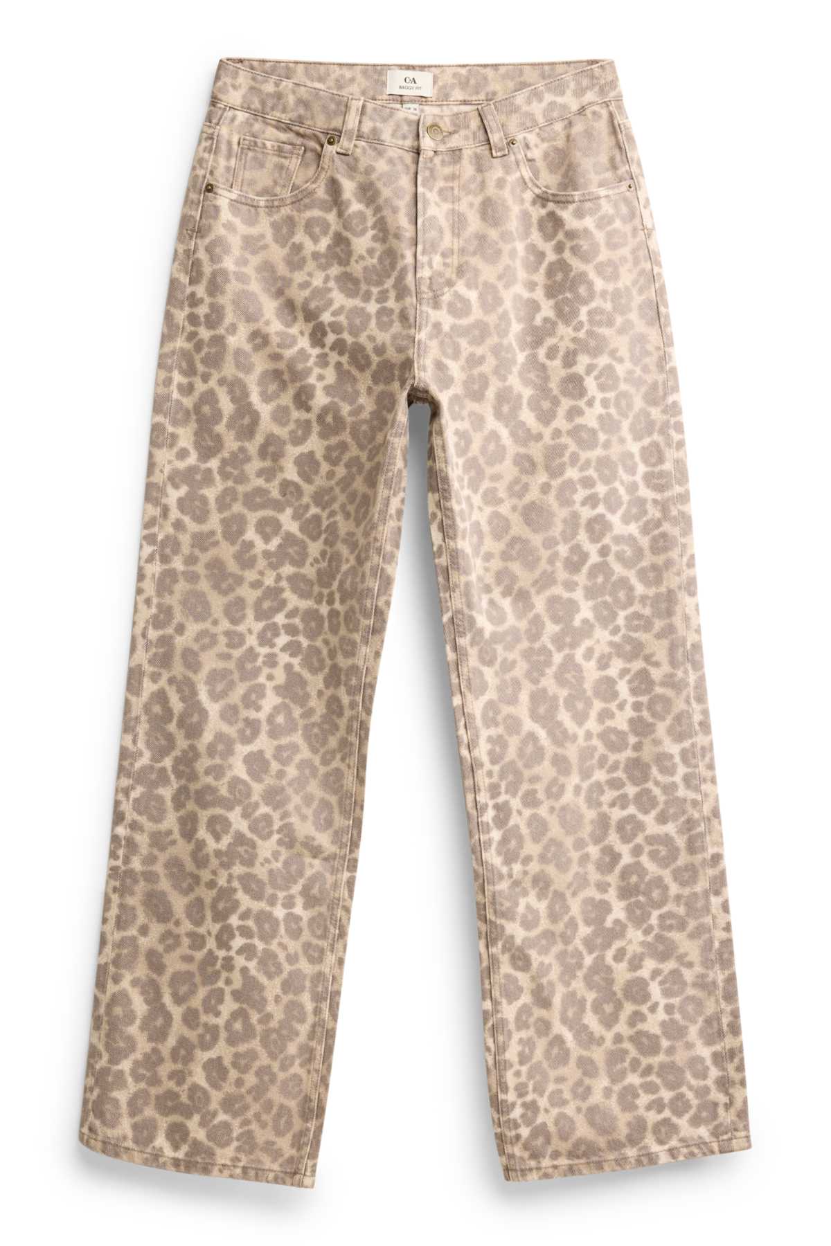 Baggy jeans - mid-rise waist - leopard- print - beige