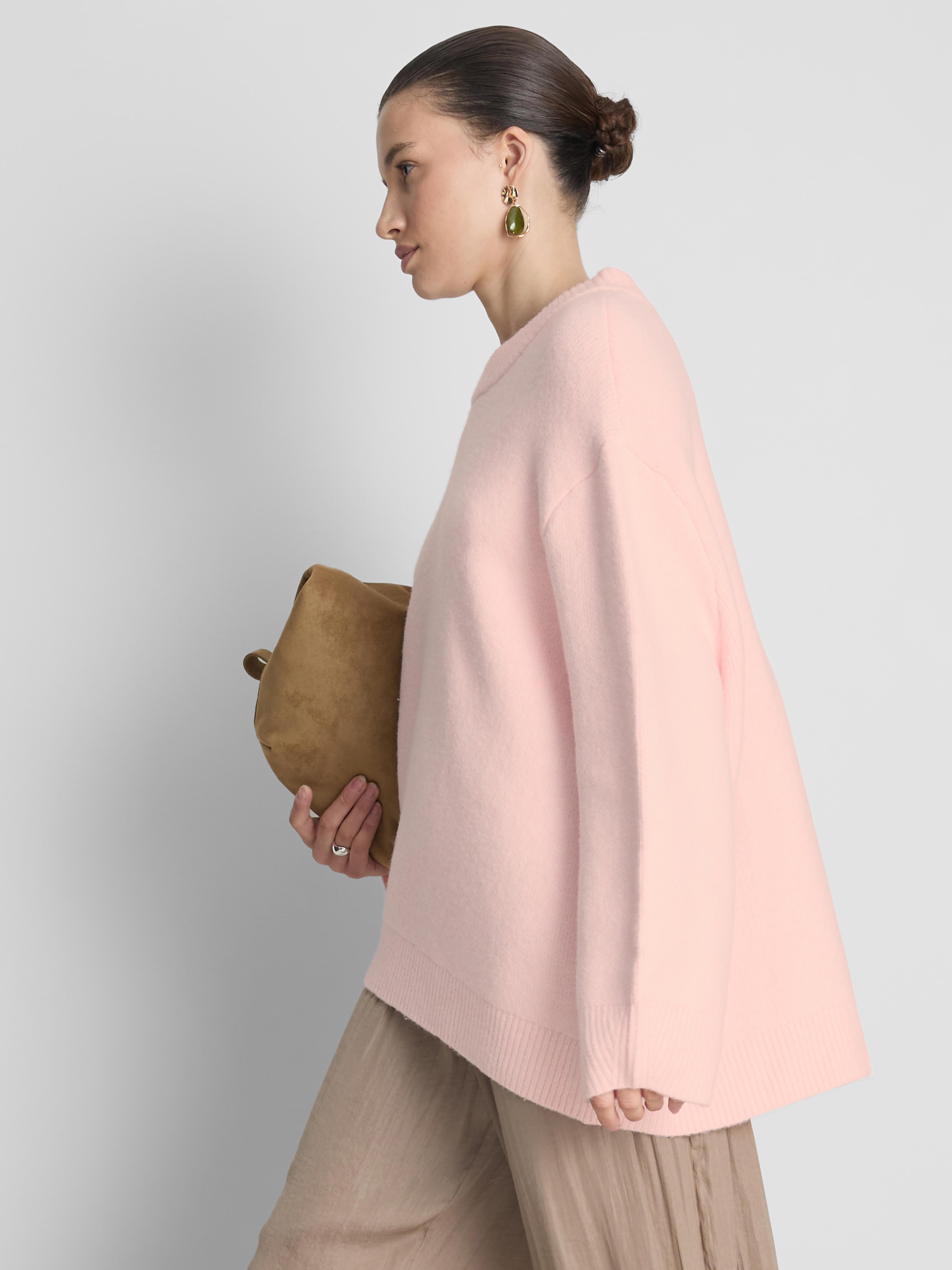 Wool Blend Oversized Crew Neck Sweater - Light Pink