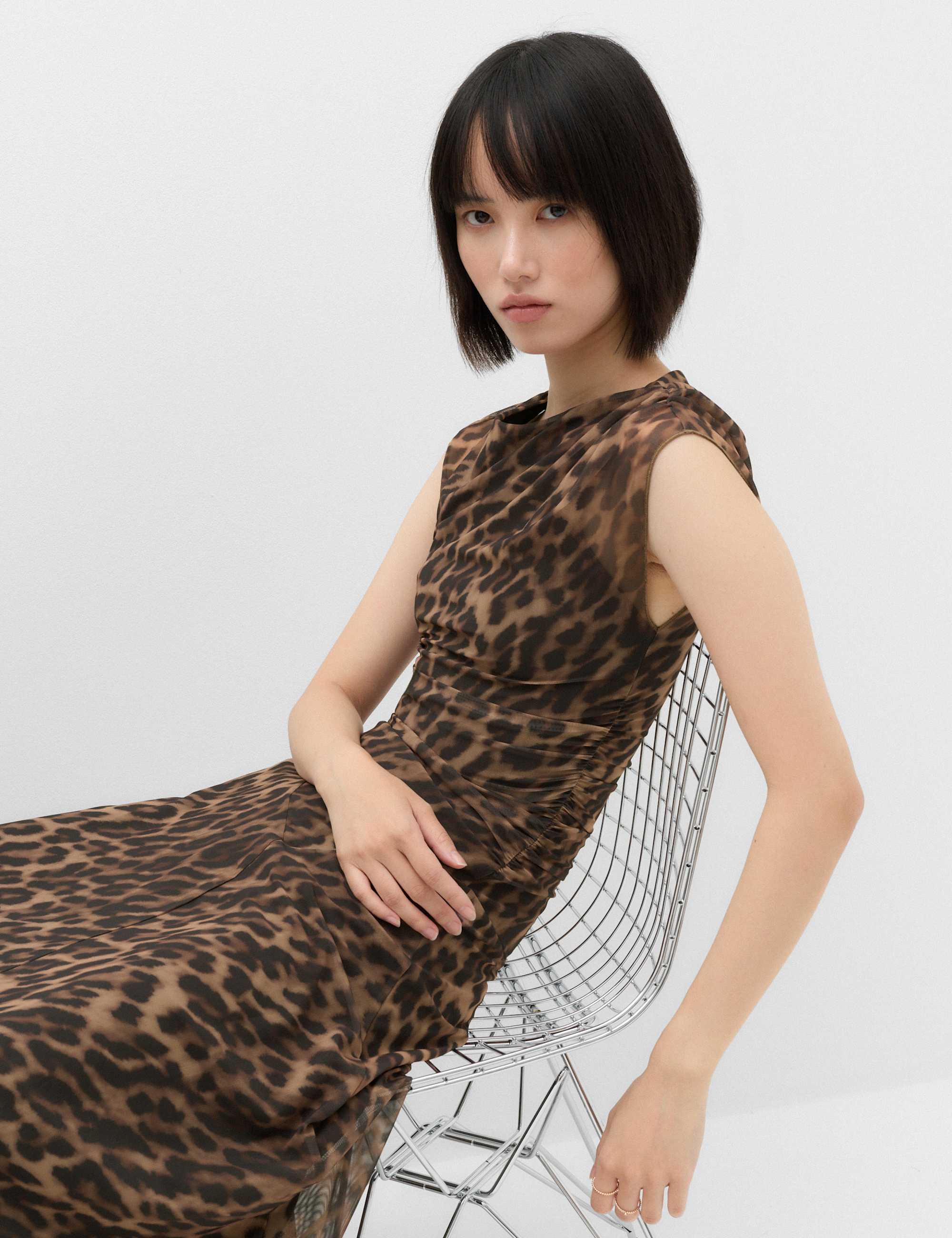 Animal Print Mesh Draped Midi Waisted Dress