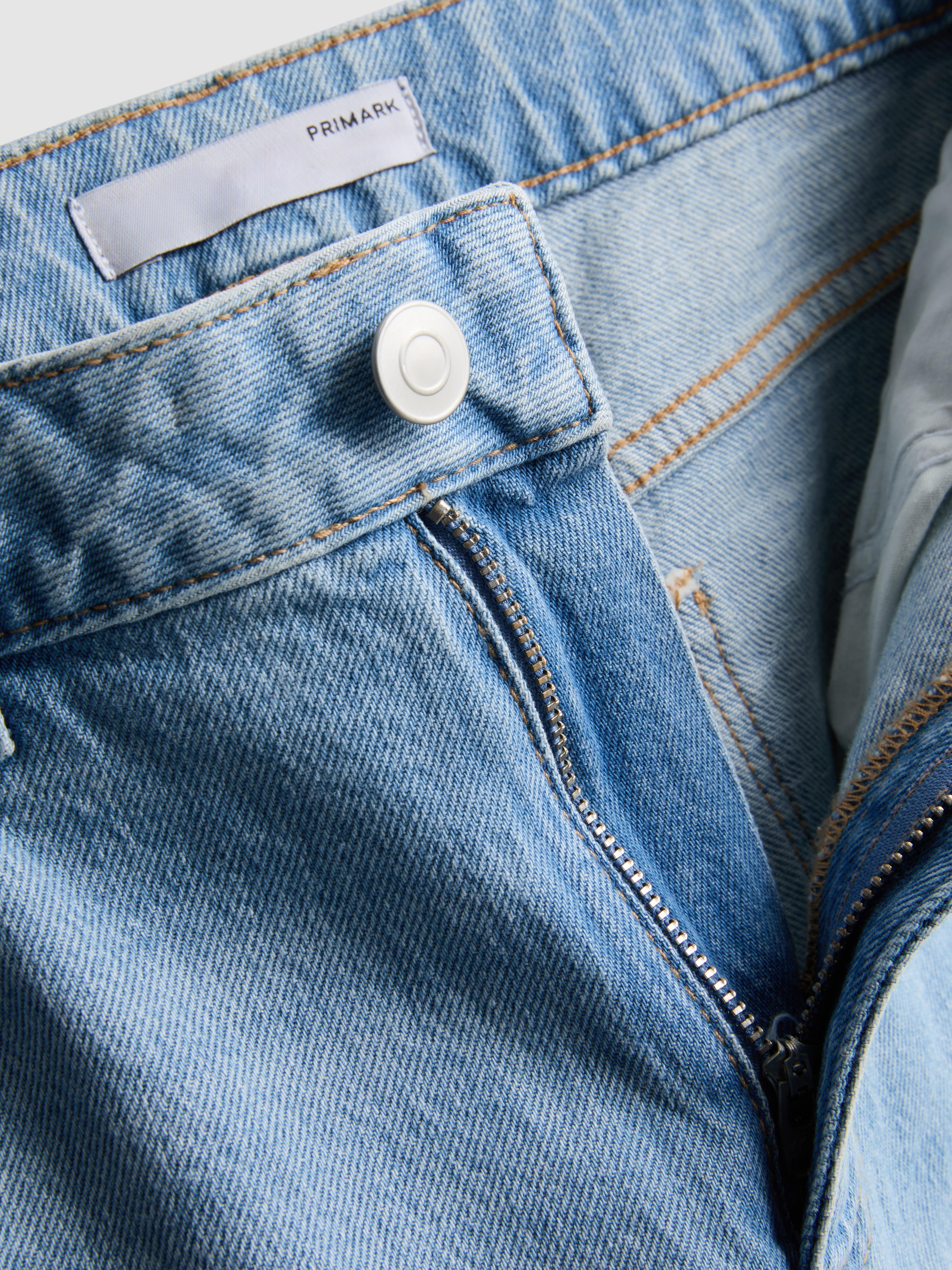Cotton Denim Straight Leg Jeans - Blue