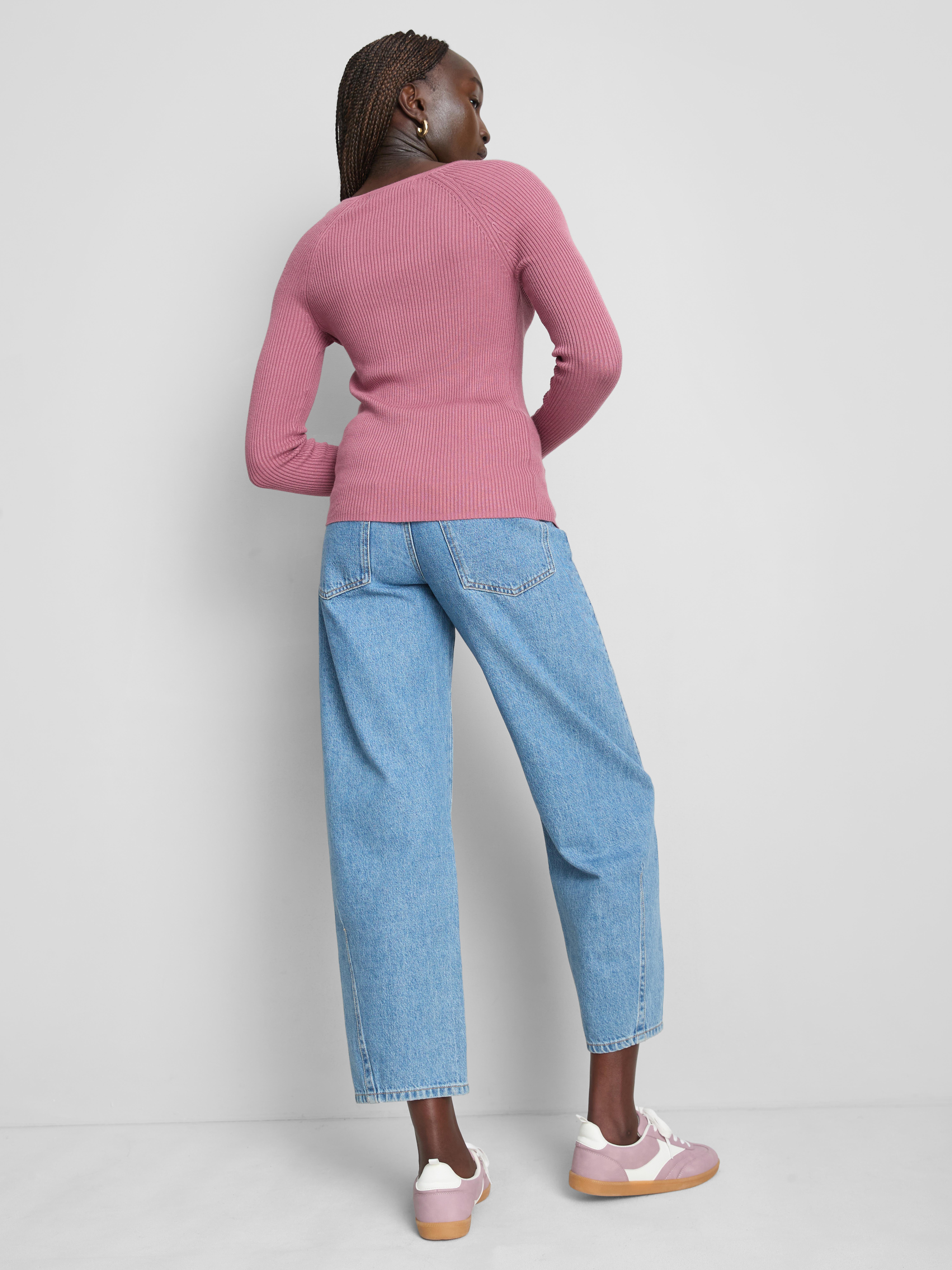 Ribbed V-Neck Sweater - Dark Pink