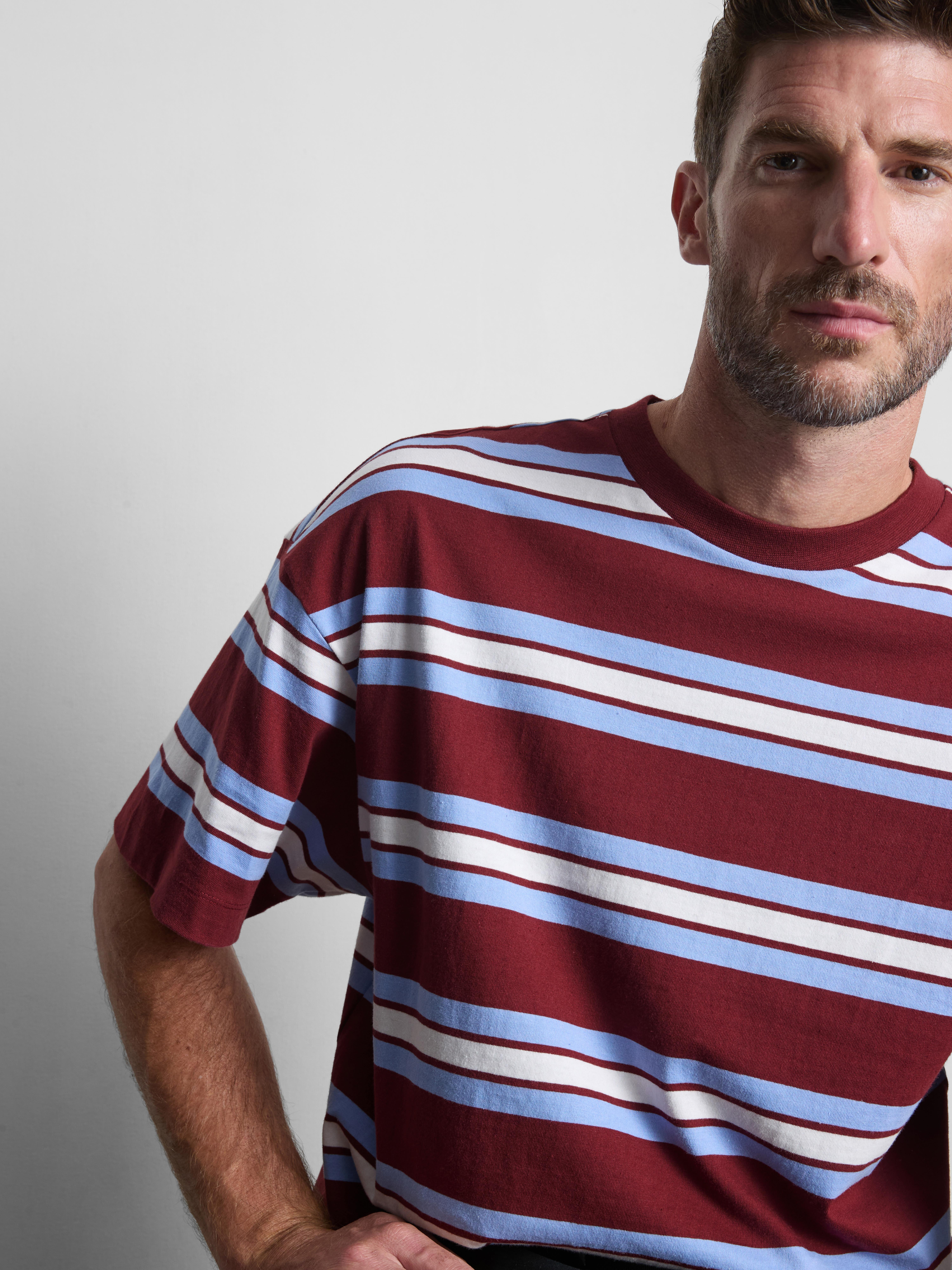 Pure Cotton Striped Boxy T-Shirt - Burgundy