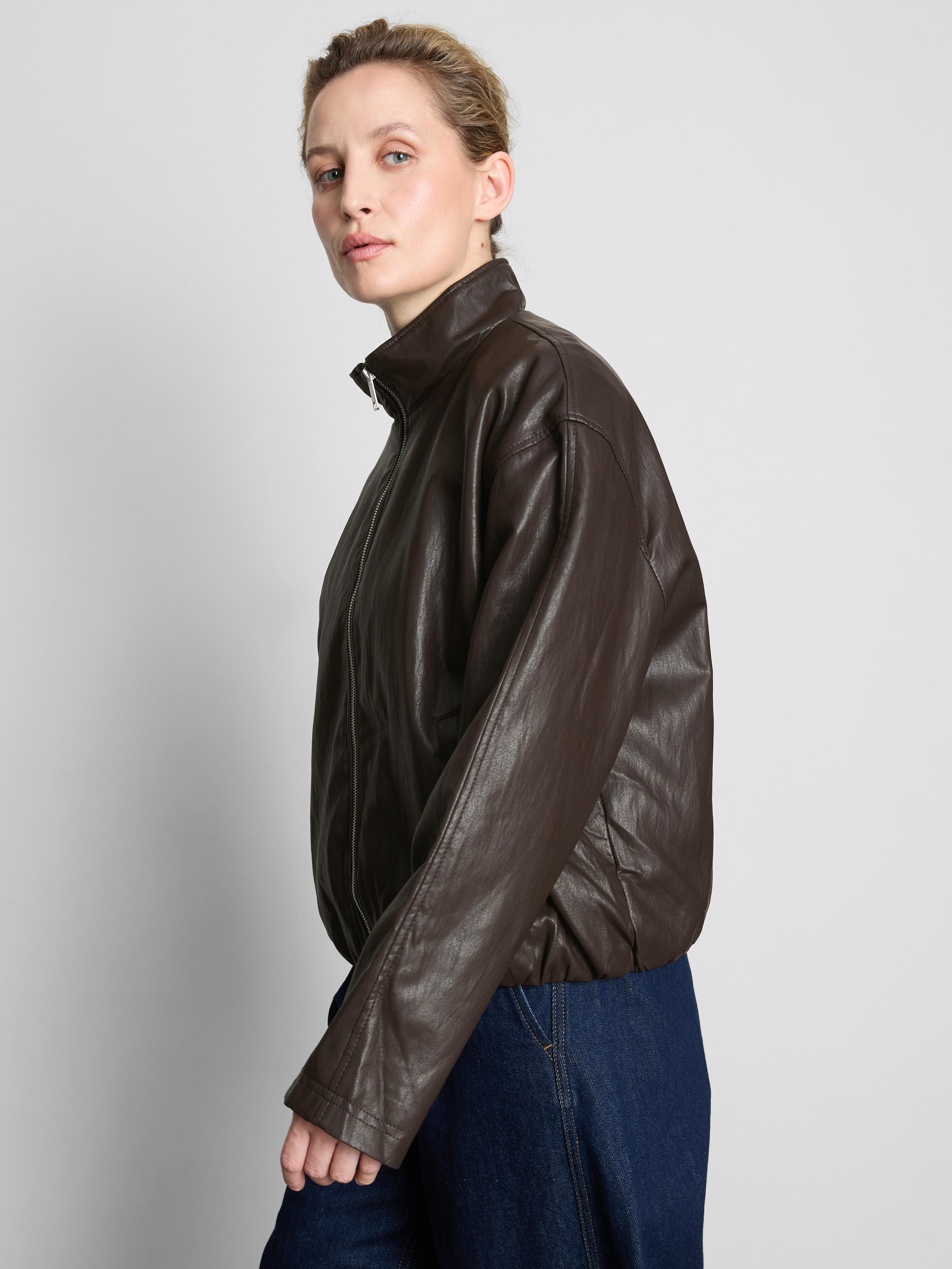 Faux Leather Funnel Jacket - Dark Brown
