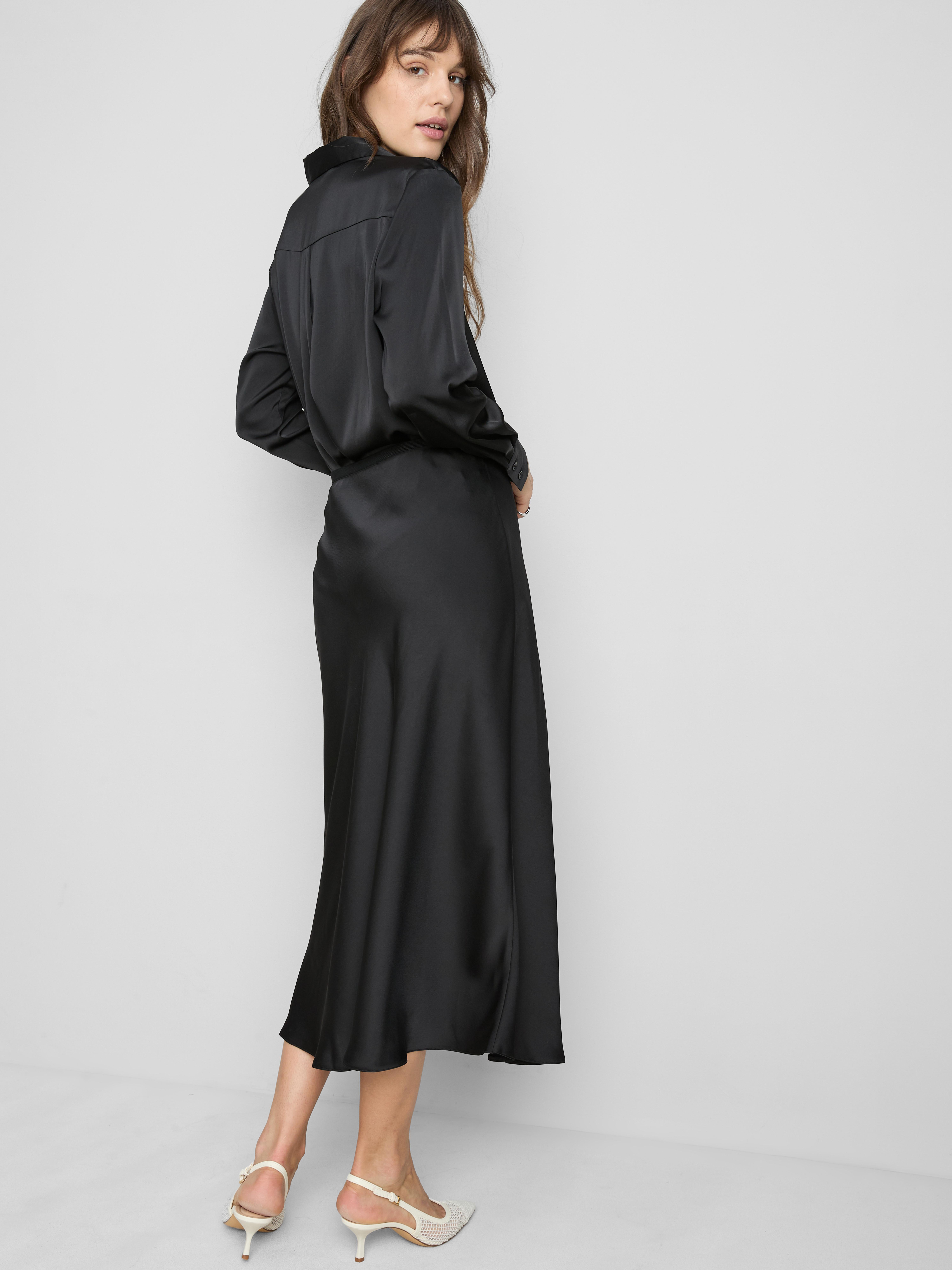 Satin Circle Midi Skirt - Black