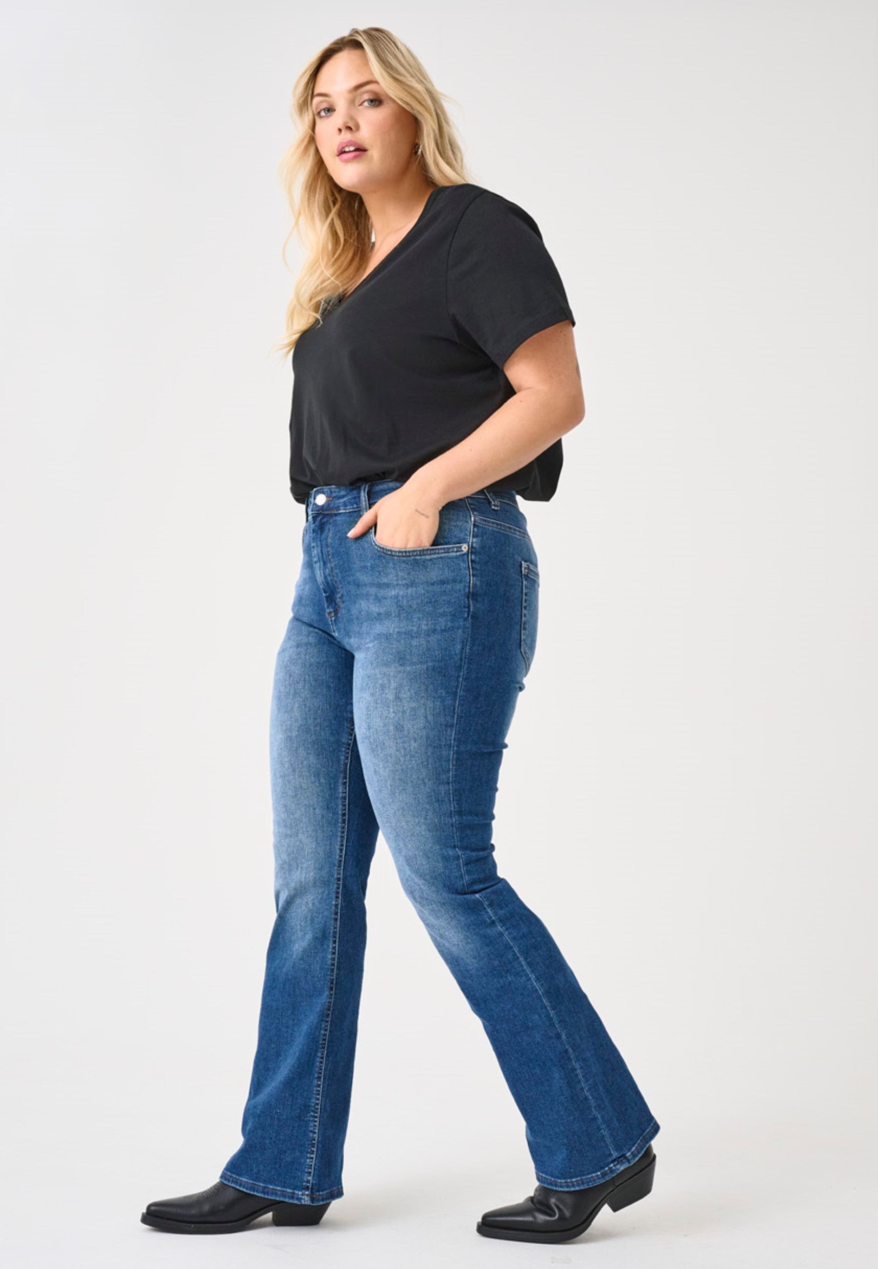 CARWILLY High waist Flared Fit Jeans Dark Blue Denim
