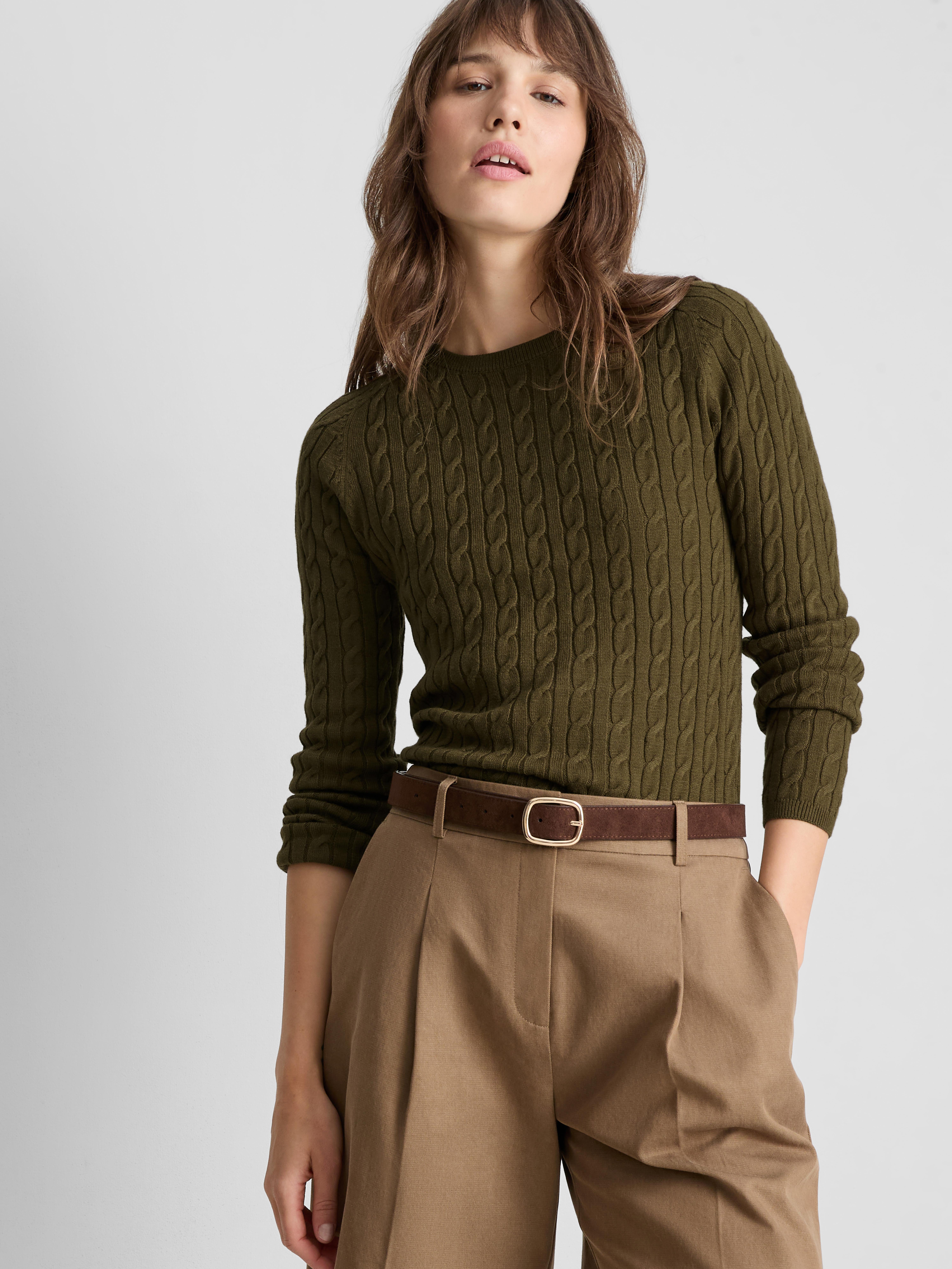 Cable Knit Crew Neck Sweater - Olive