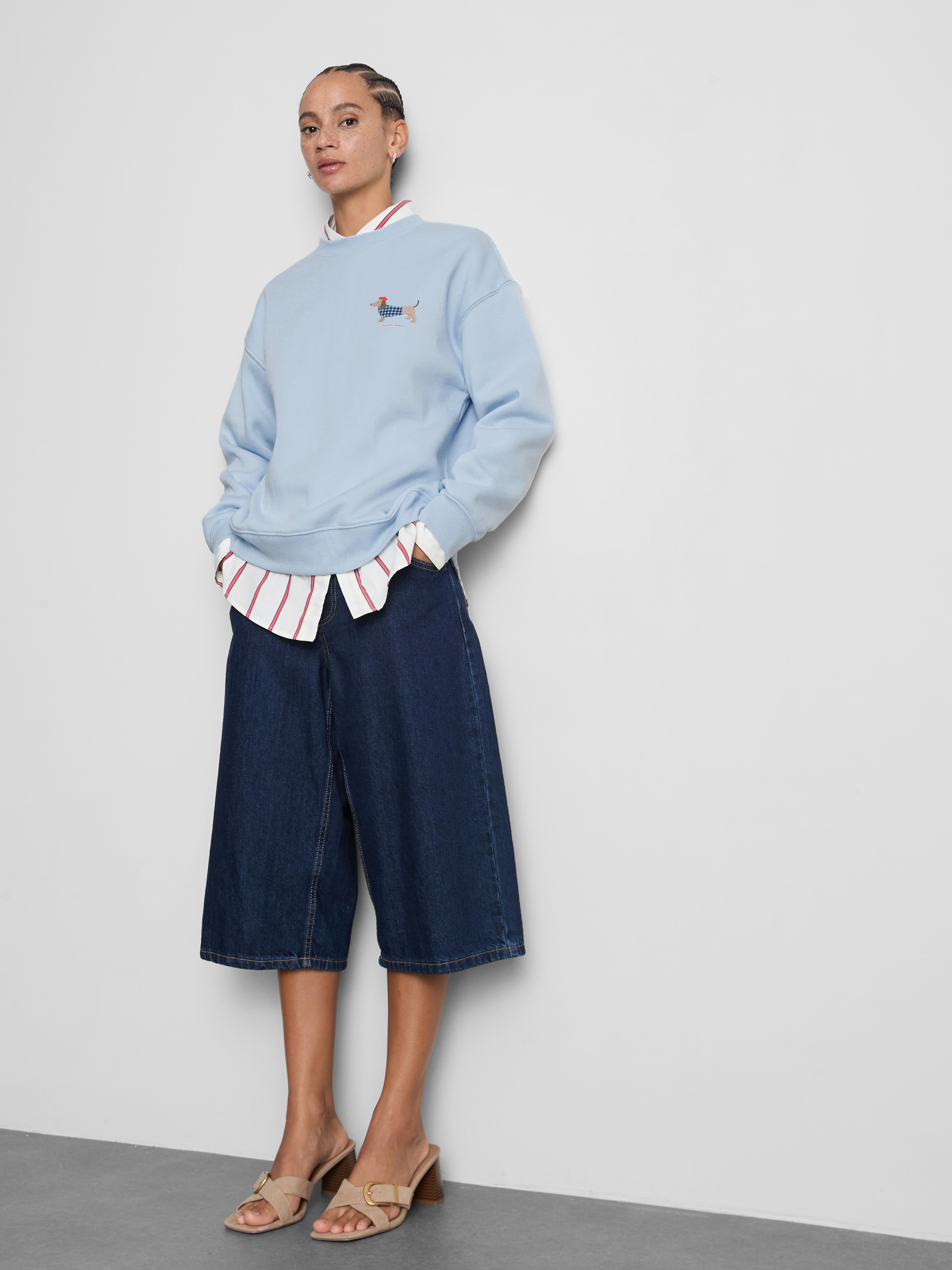 Cotton Blend Relaxed Graphic Sweatshirt - Light Blue