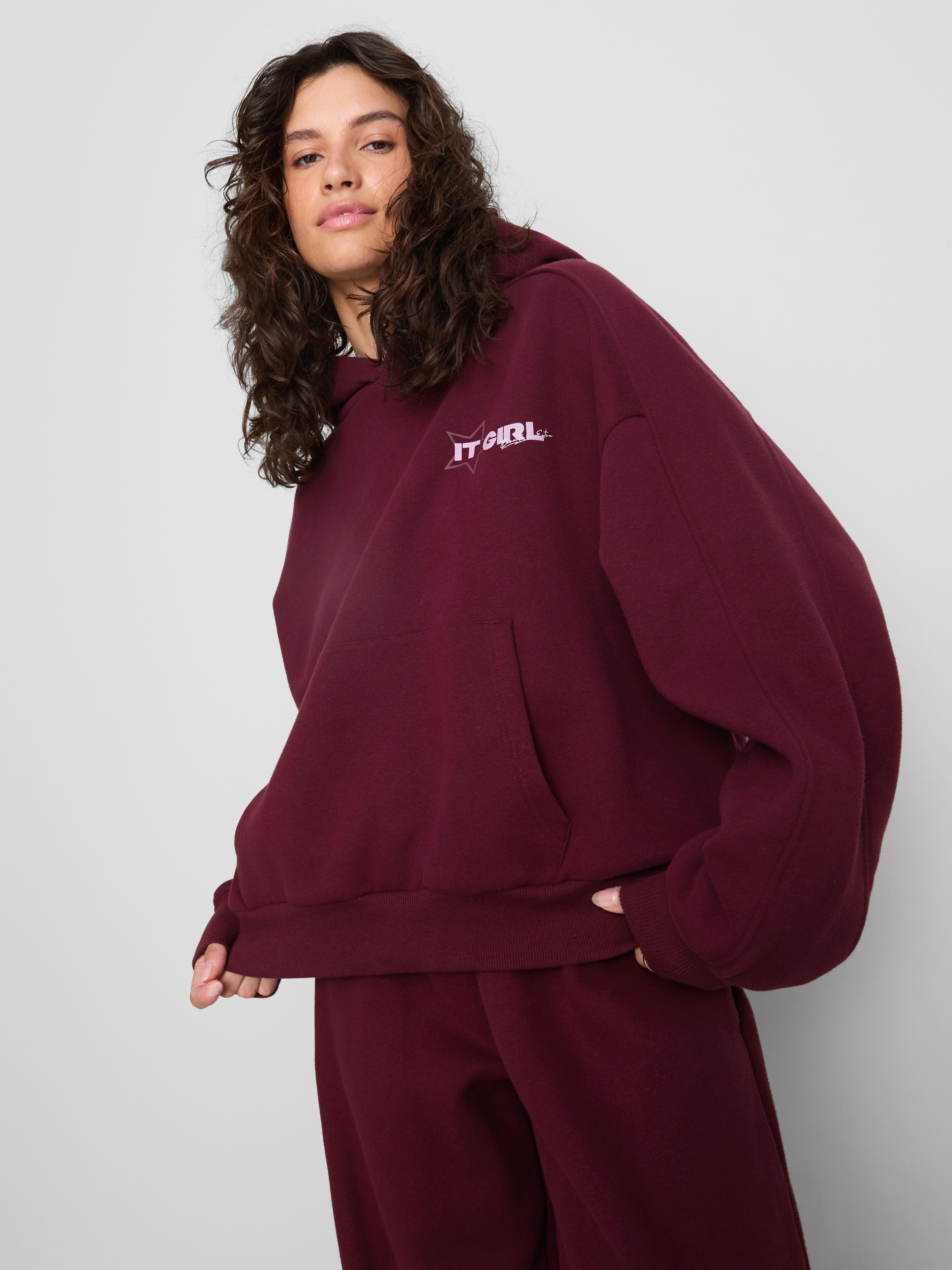 Cotton-Rich Slogan Hoodie - Wine