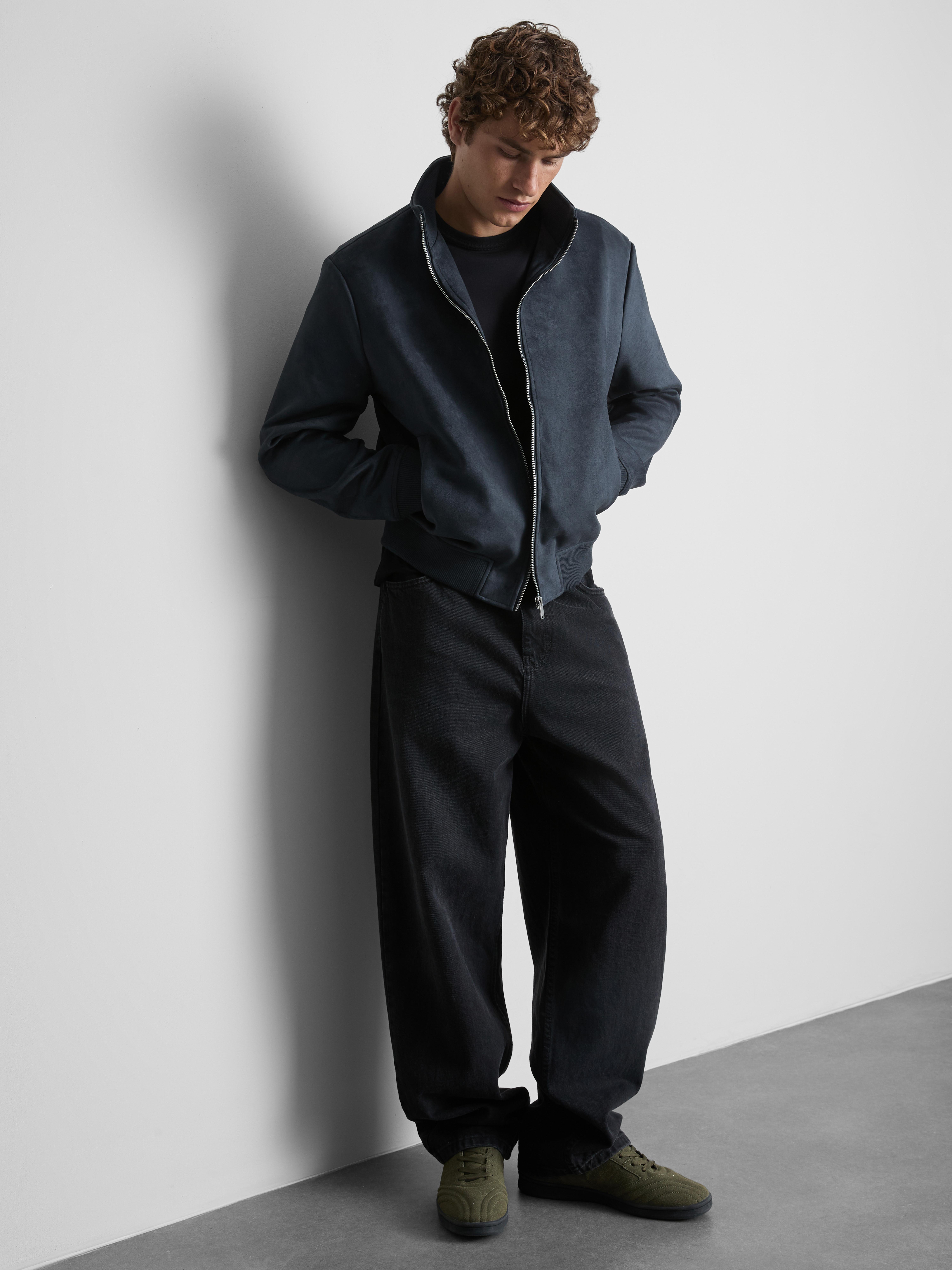 Faux Suede Bomber Jacket - Indigo