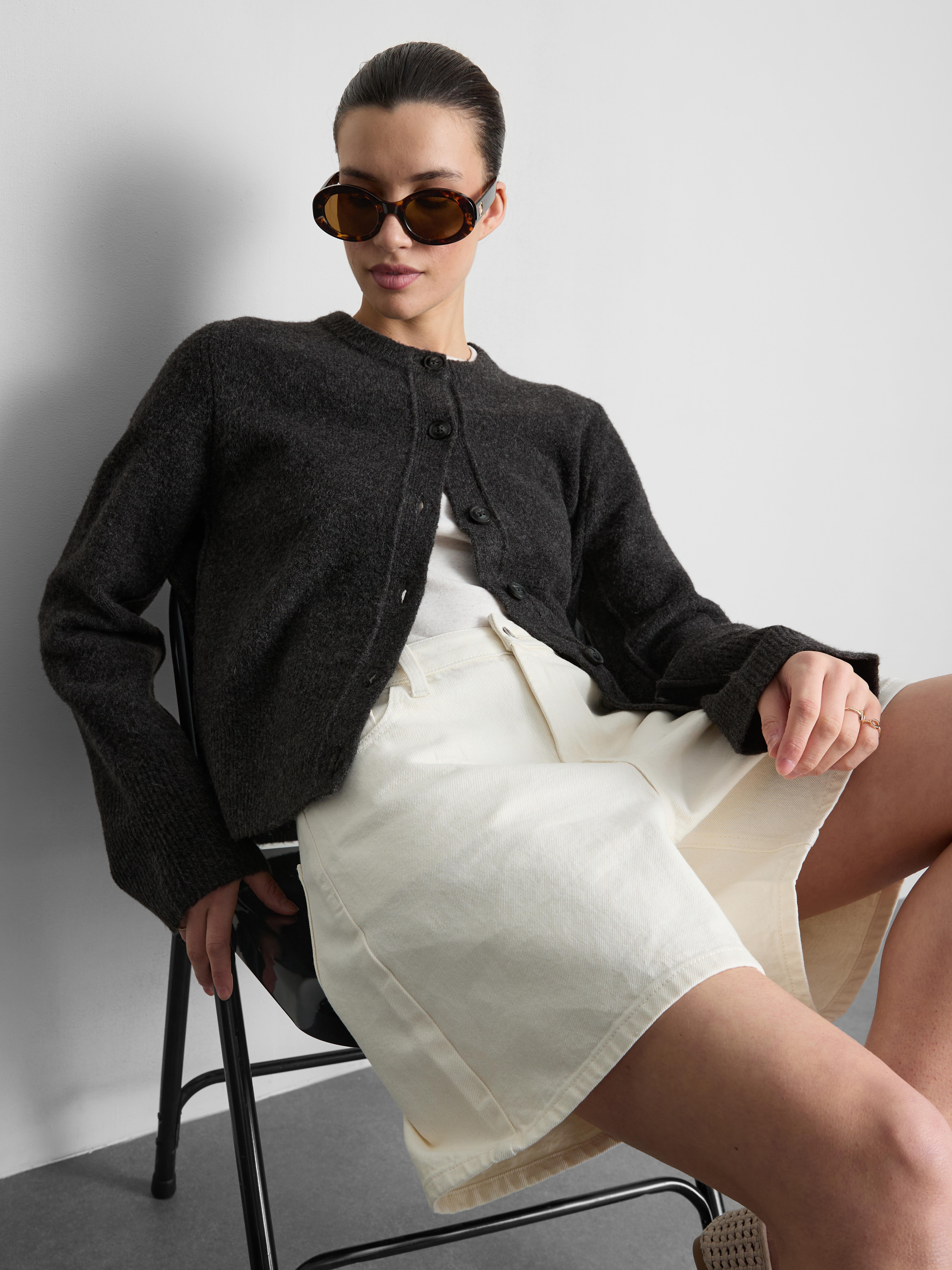 Relaxed Knitted Crew Neck Cardigan - Charcoal