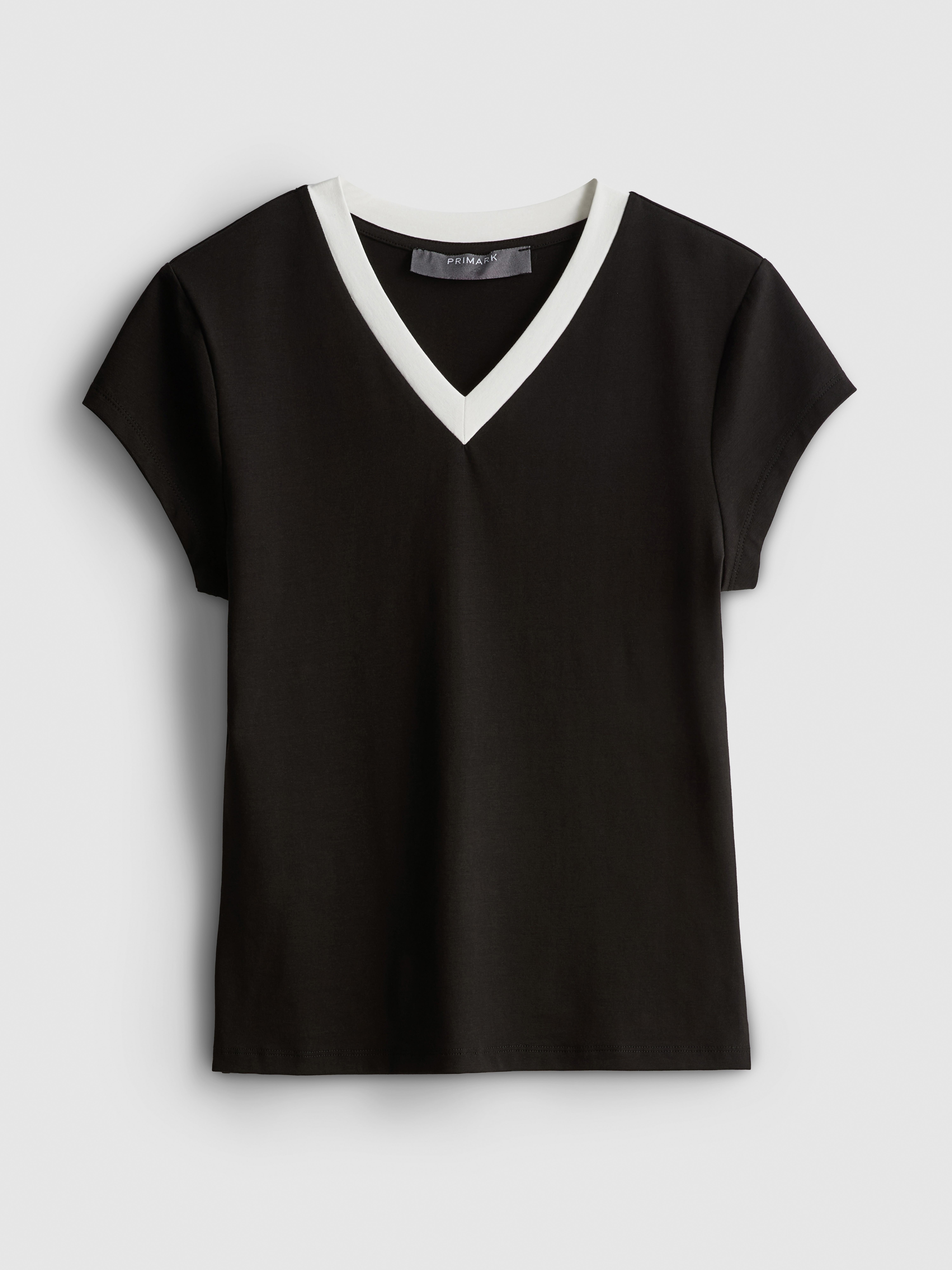 Cotton Rich Contrast V Neck Tee - Black