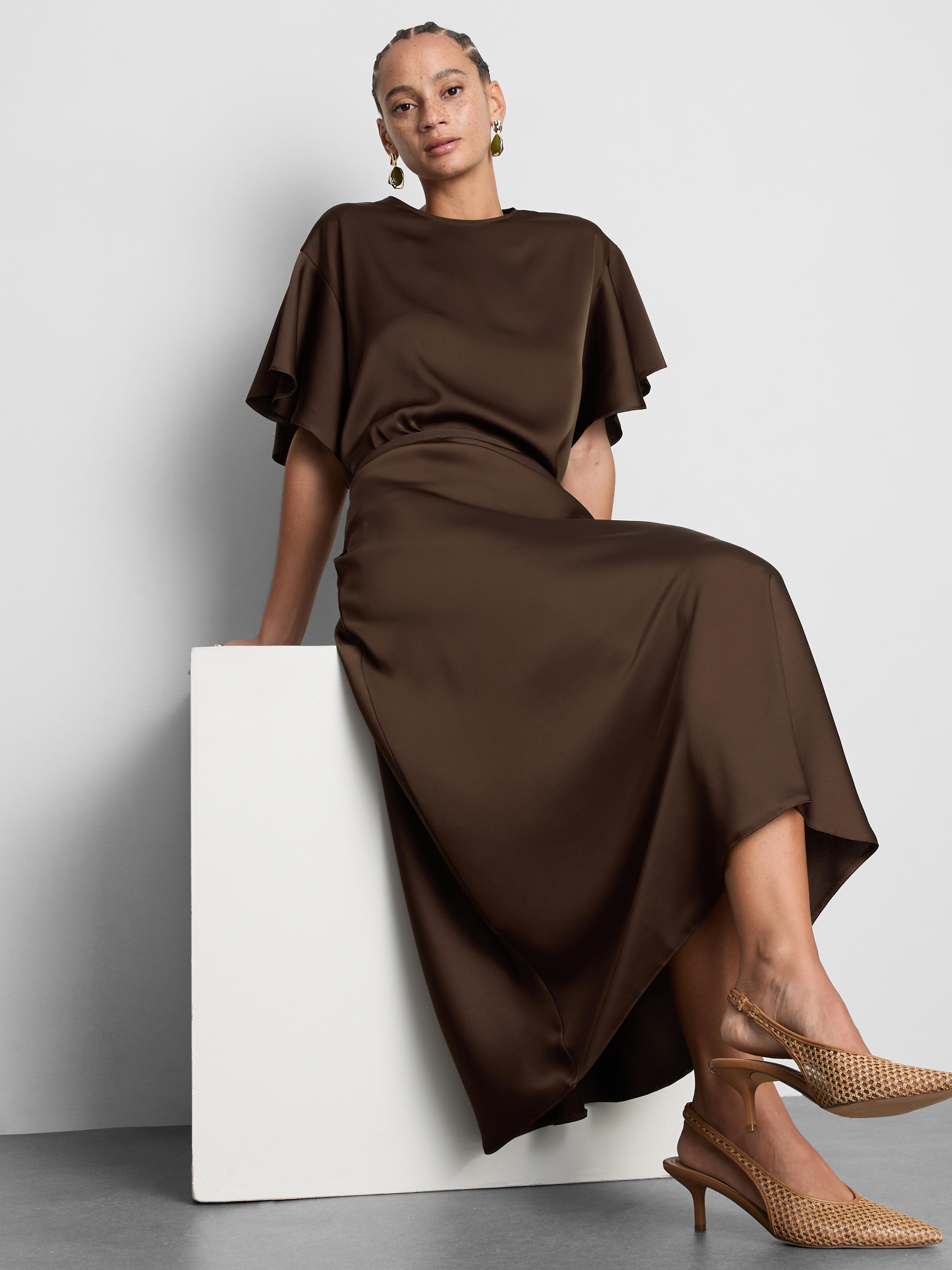 Satin Circle Midi Skirt - Chocolate