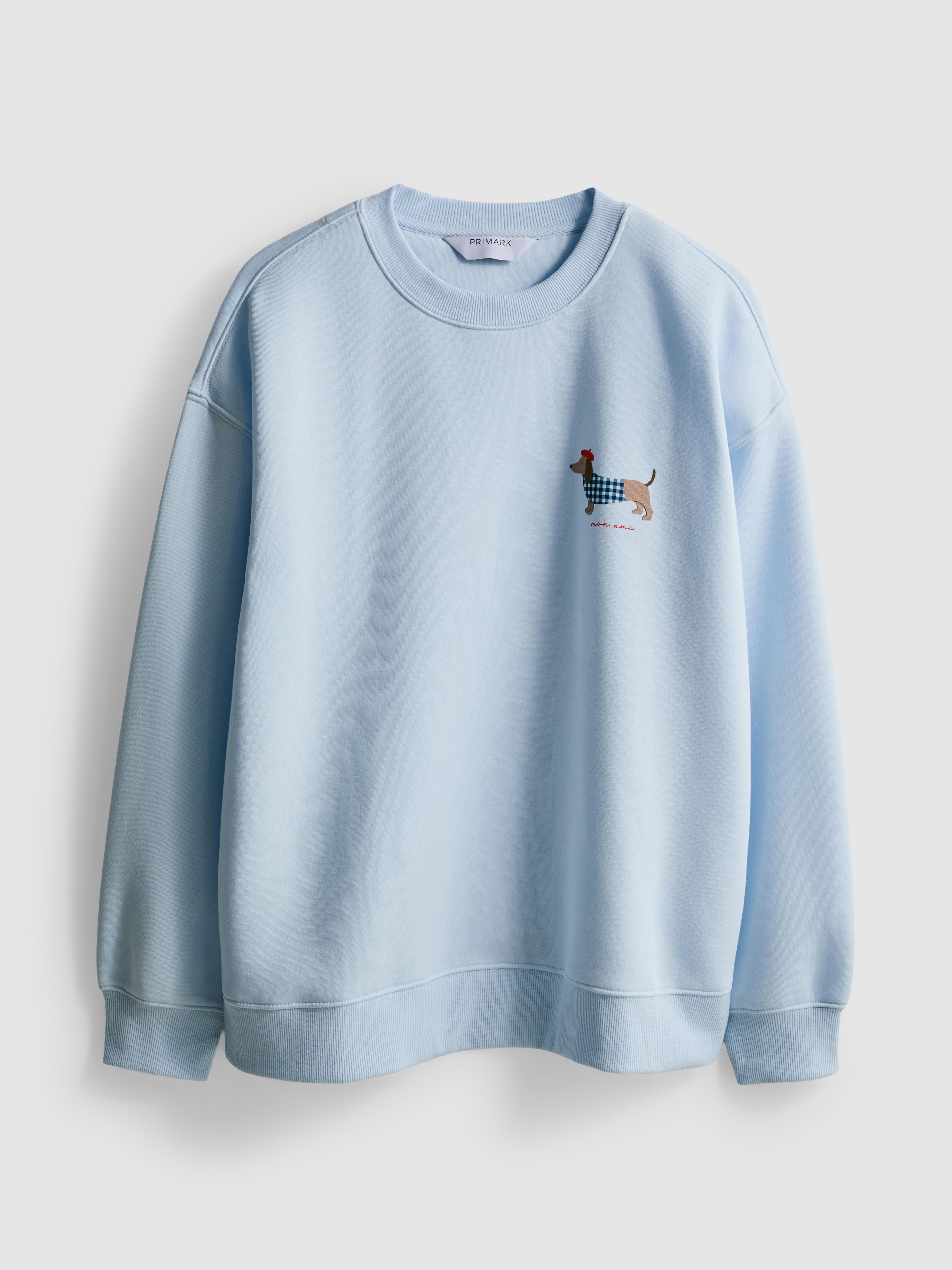 Cotton Blend Relaxed Graphic Sweatshirt - Light Blue