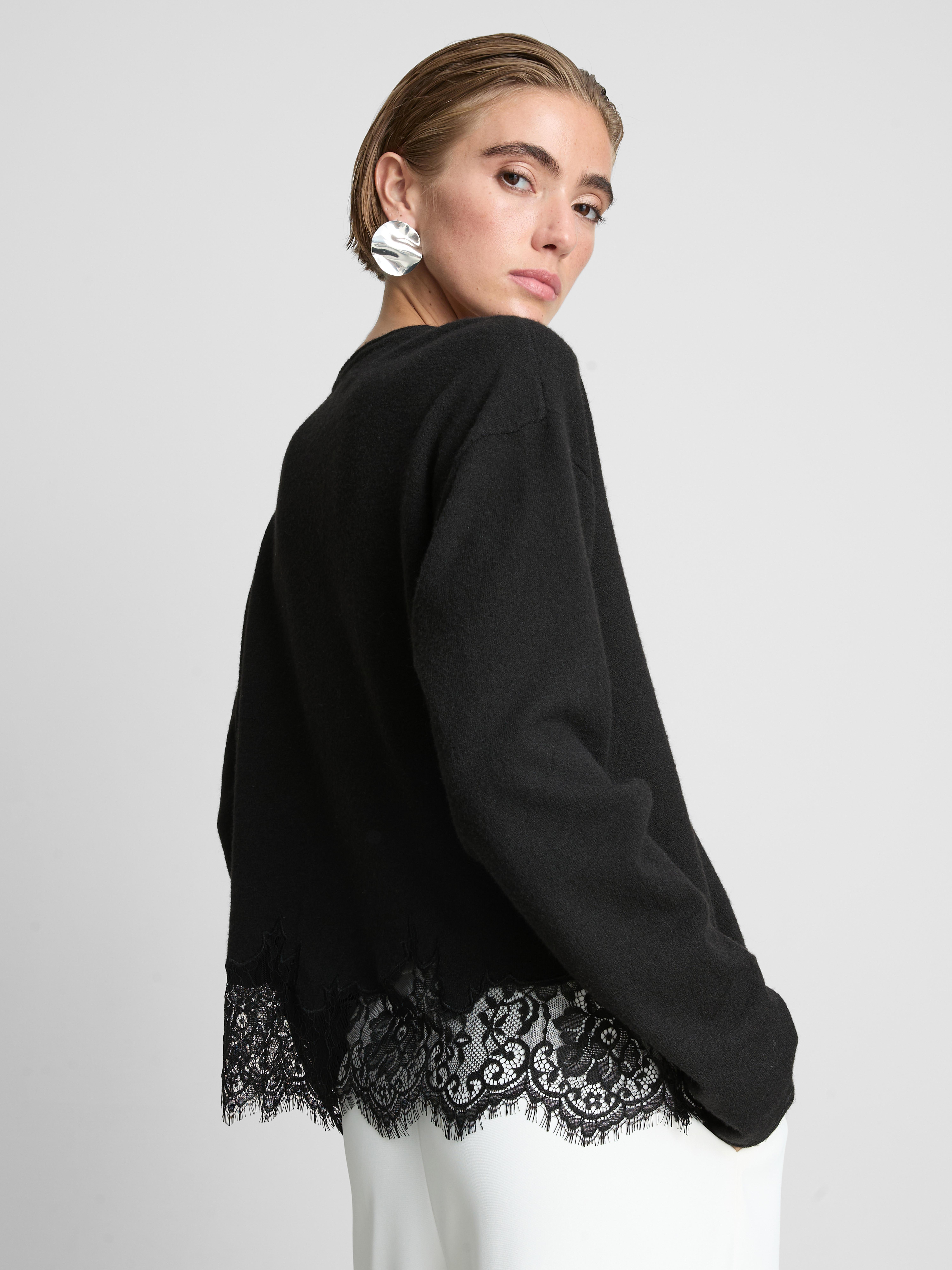 Relaxed Lace-Hem Sweater - Black