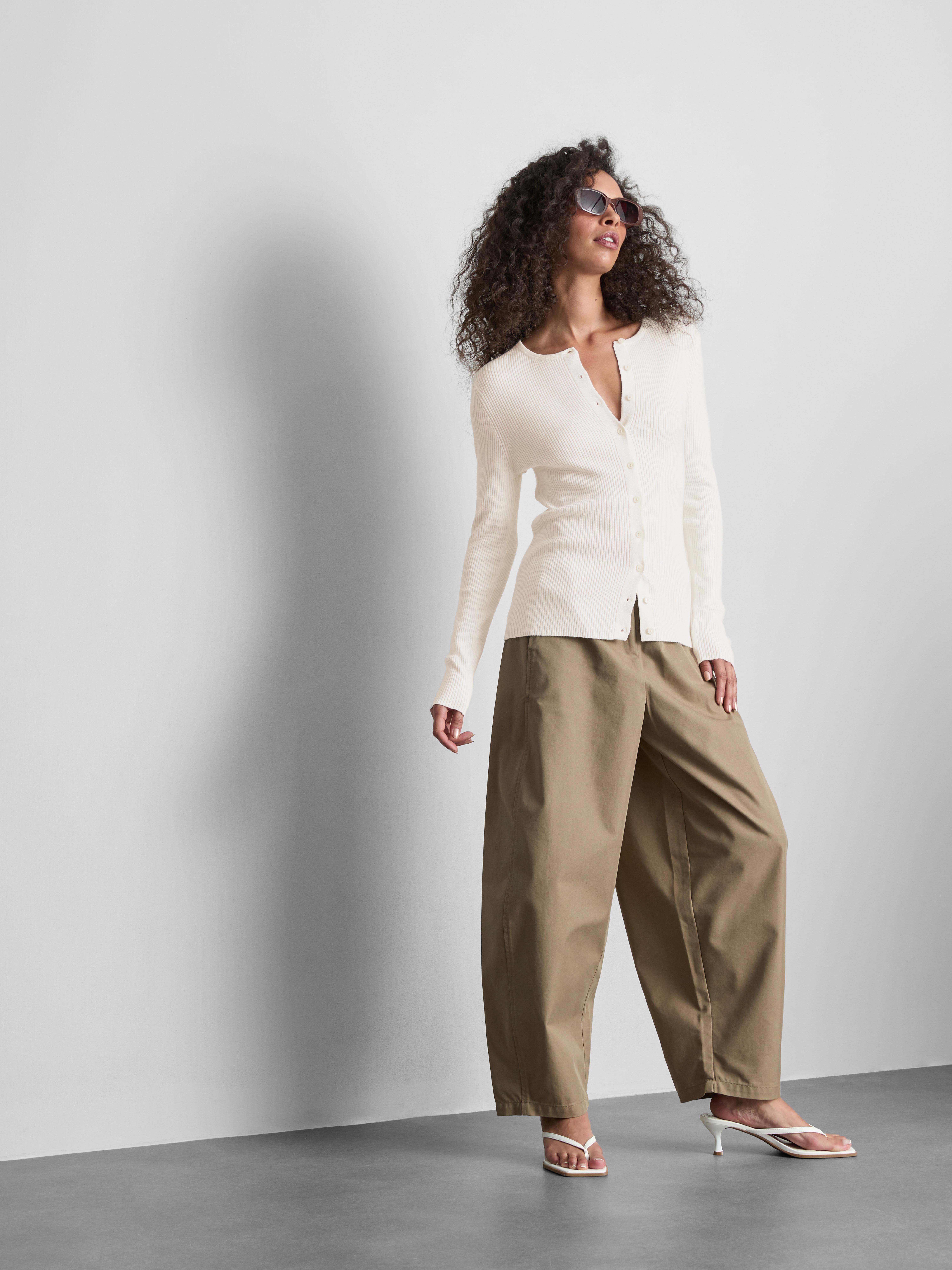 Ribbed Round Neck Cardigan - Ivory