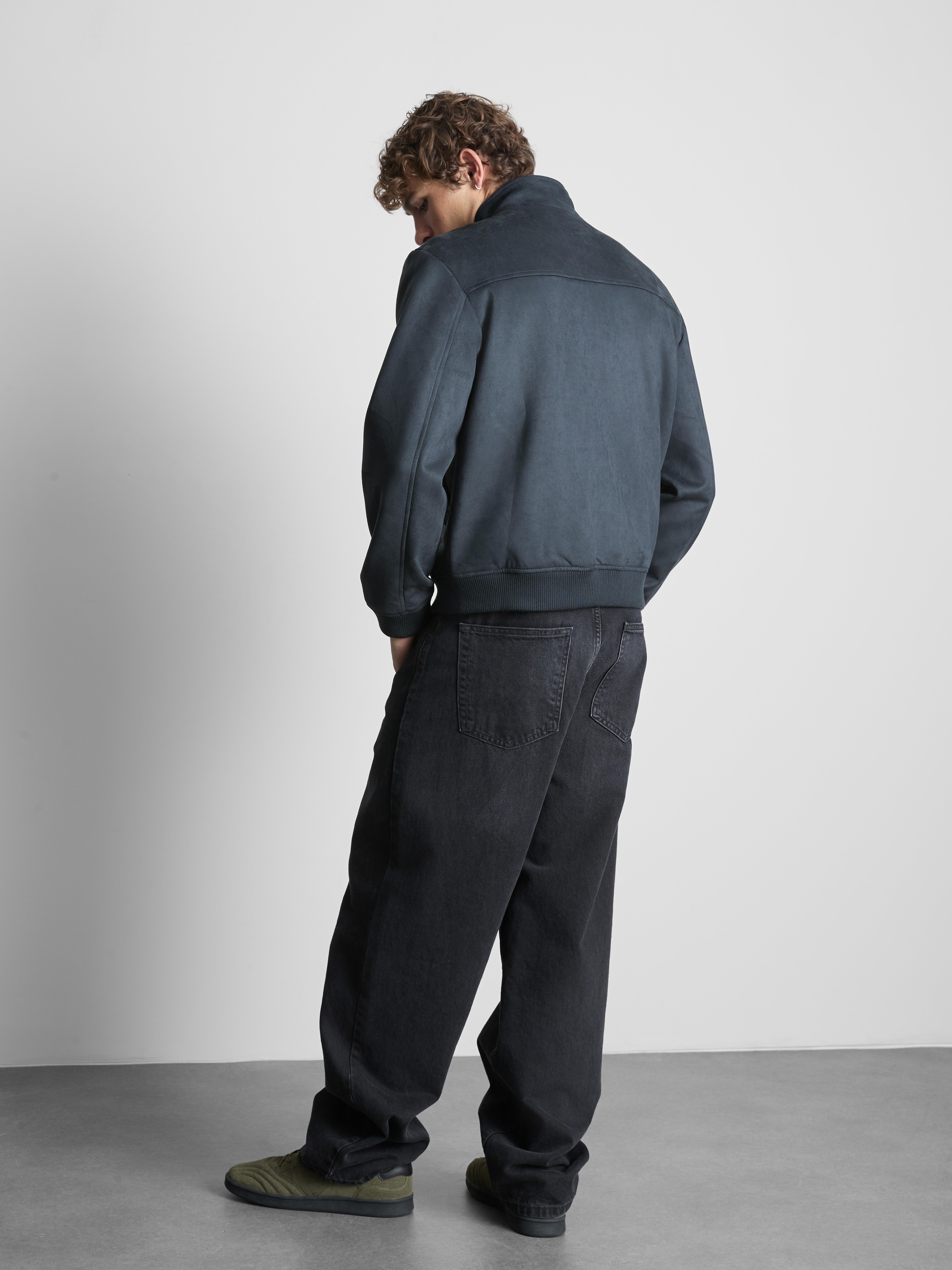 Faux Suede Bomber Jacket - Indigo