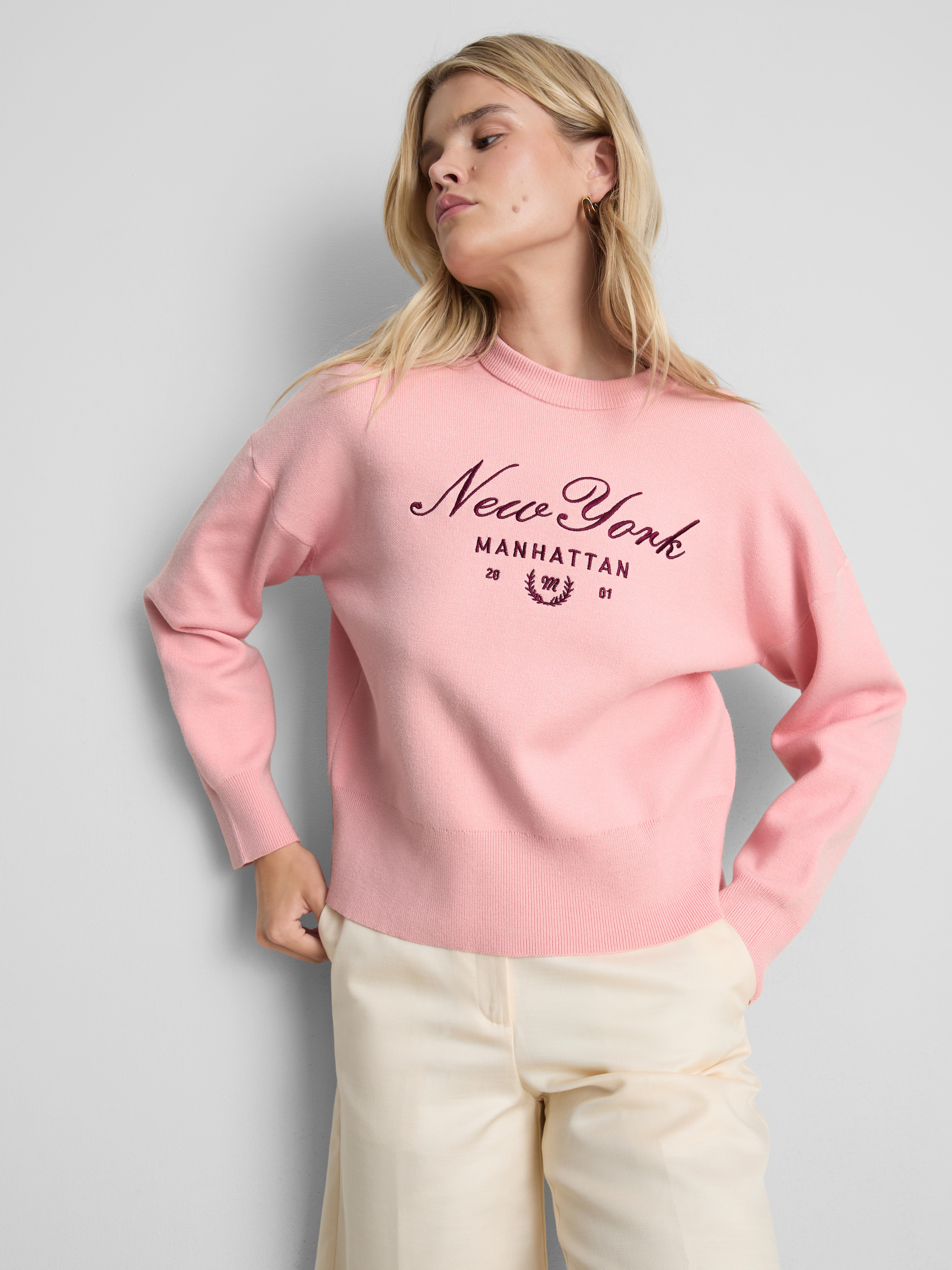 Knitted Crewneck Slogan Sweater - Pink