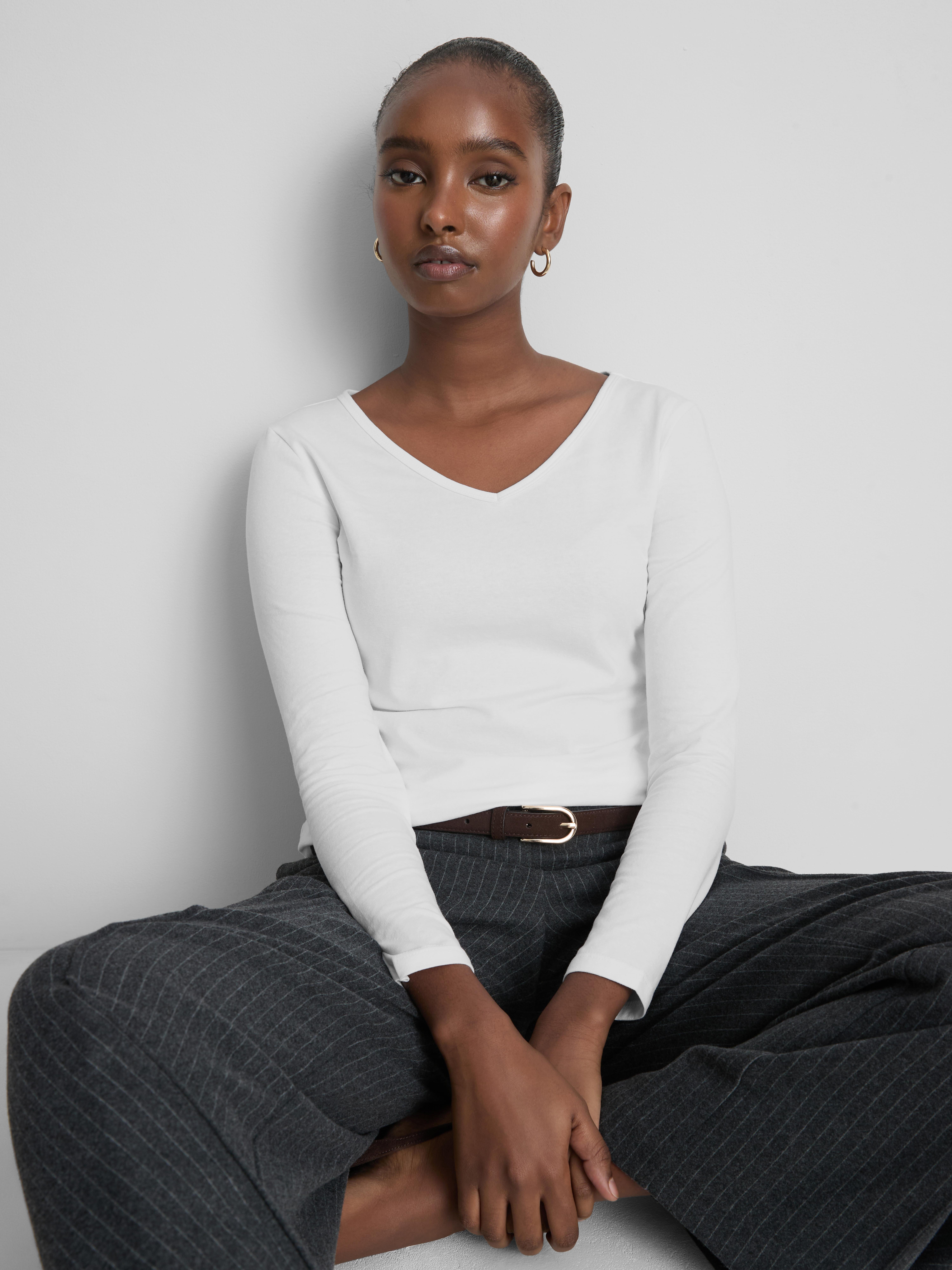 Cotton-Rich Long-Sleeve V-Neck Tee - White
