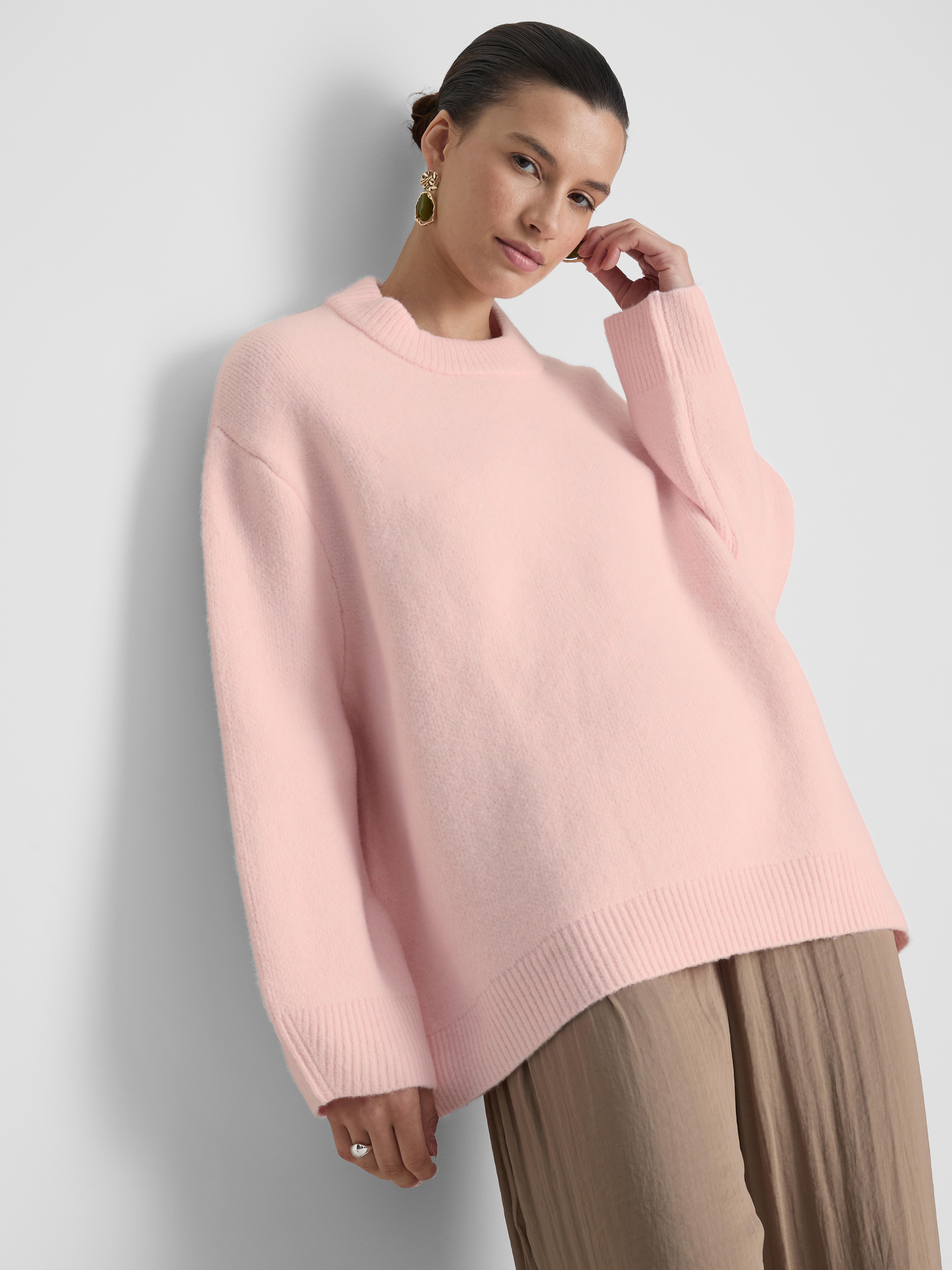 Wool Blend Oversized Crew Neck Sweater - Light Pink