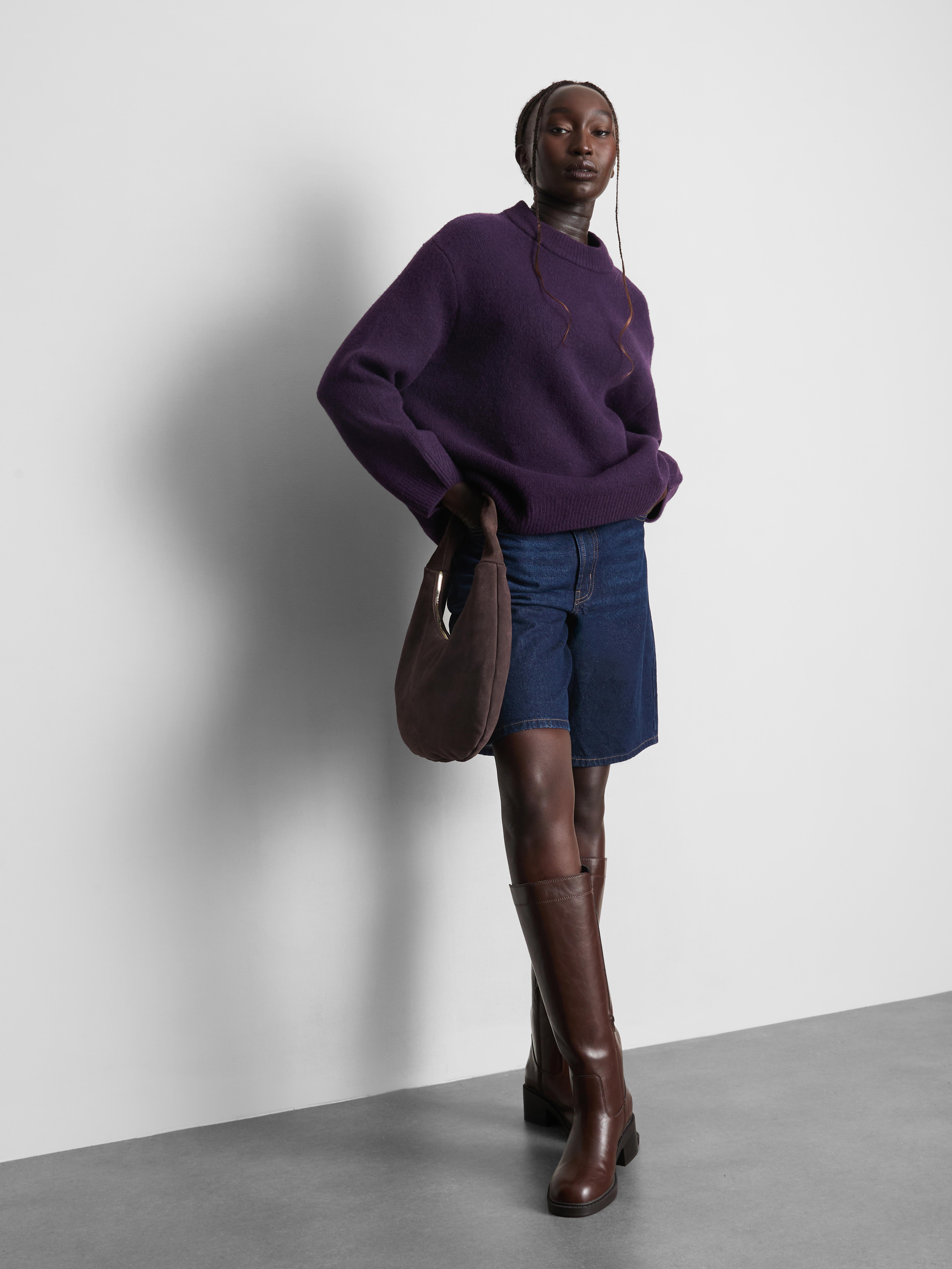 Wool Blend Oversized Crew Neck Sweater - Dark Purple