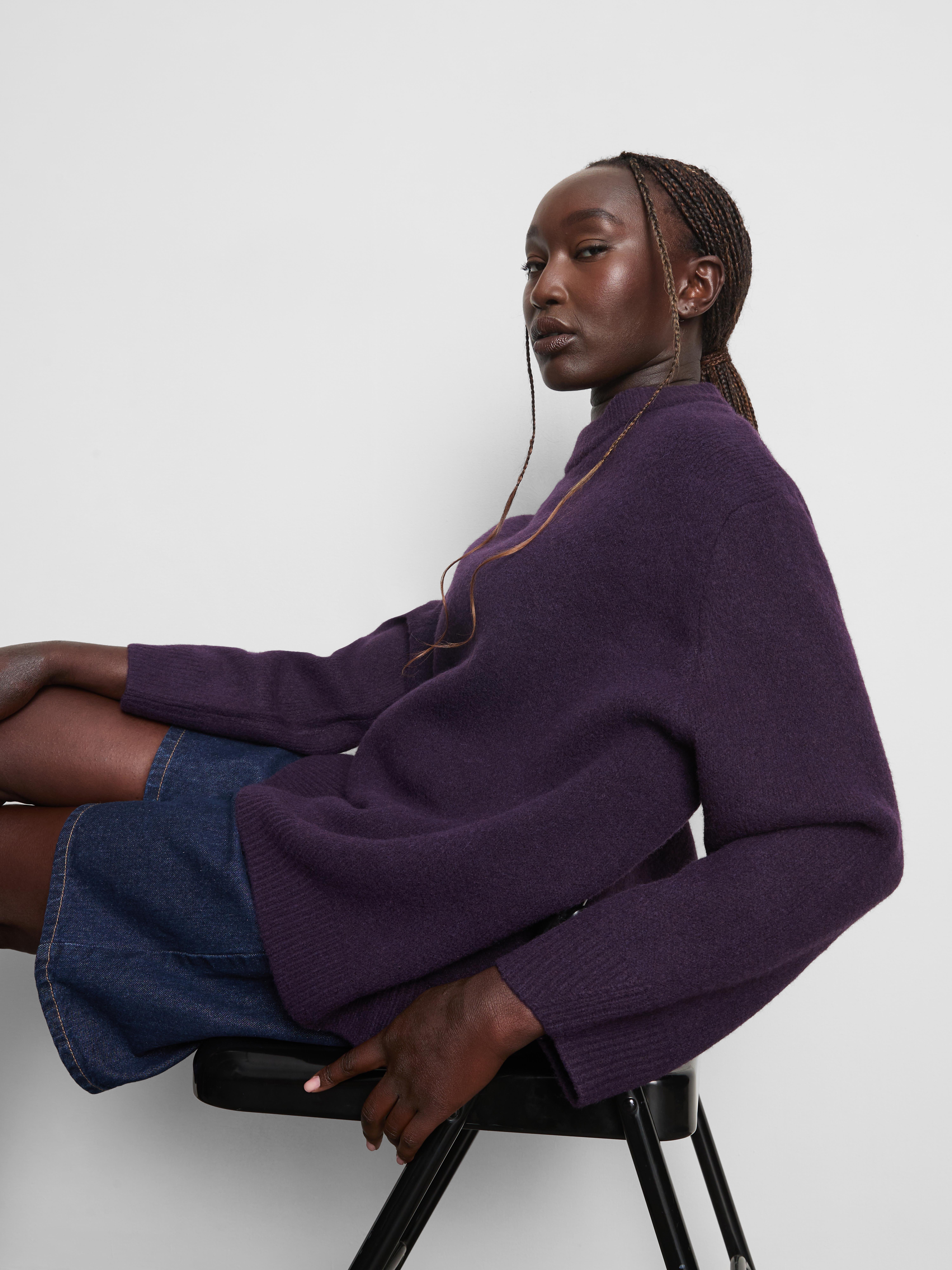 Wool Blend Oversized Crew Neck Sweater - Dark Purple