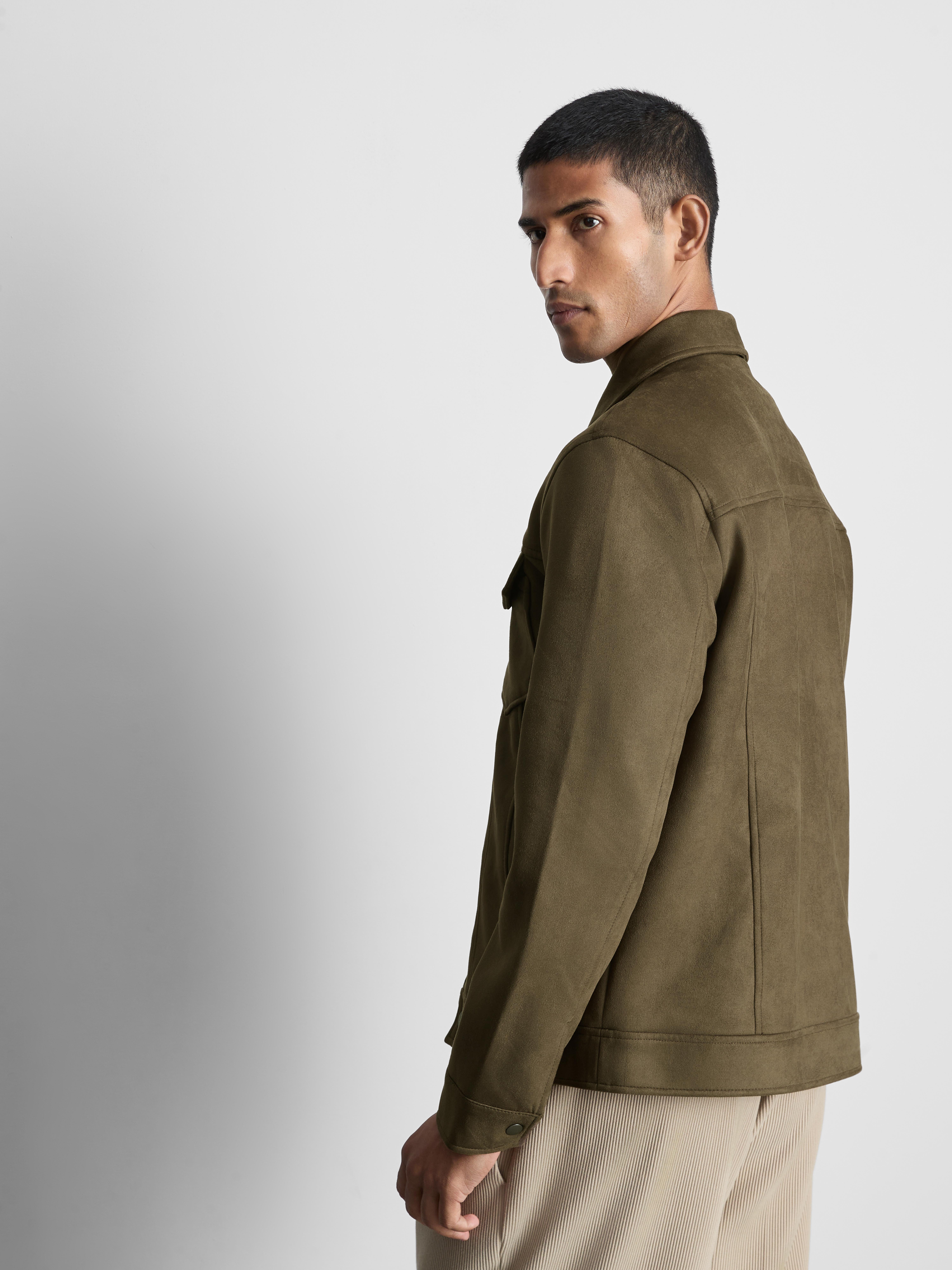 Faux Suede Trucker Jacket - Olive