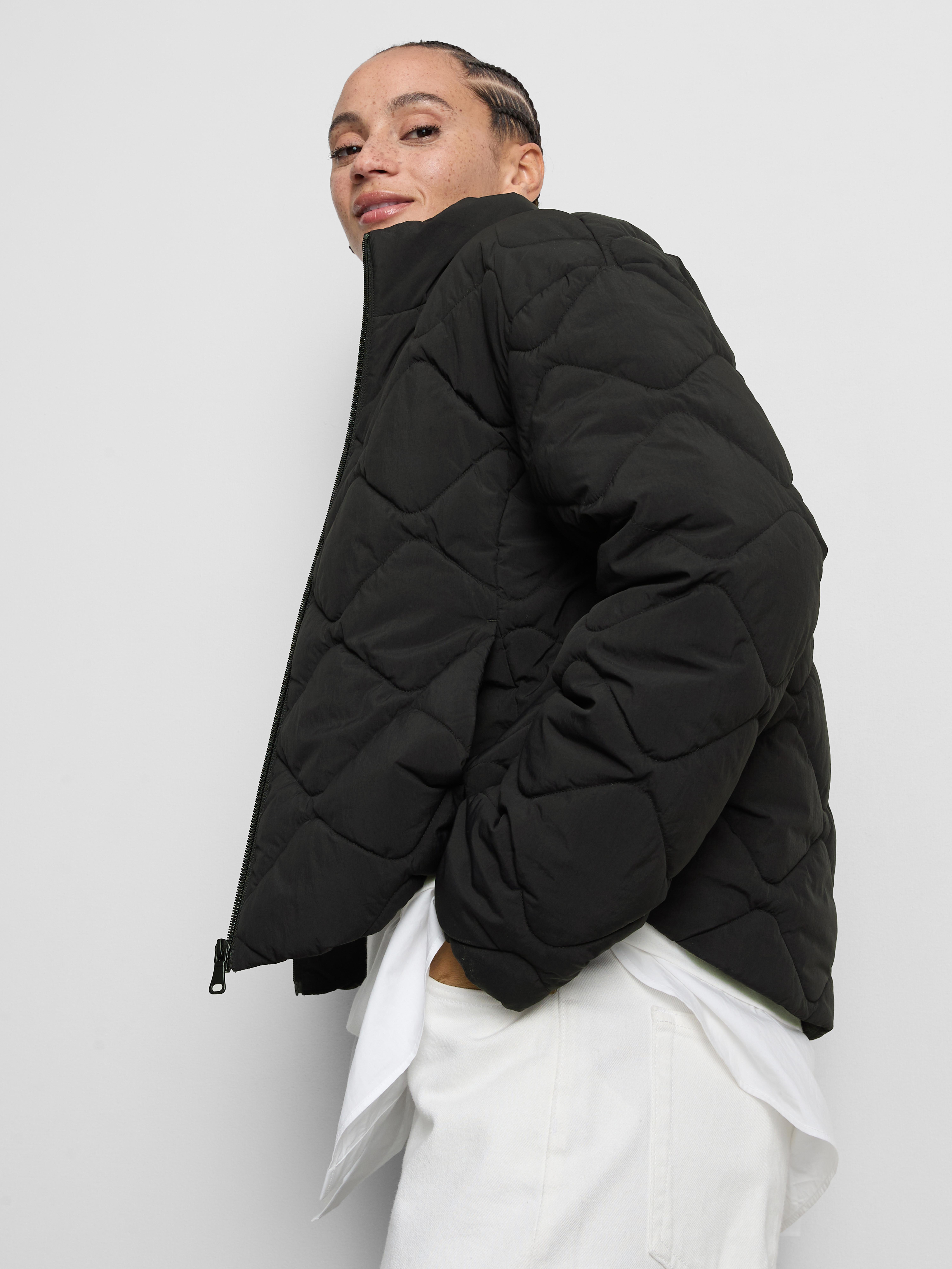 Quilted Funnel Neck Jacket - Black